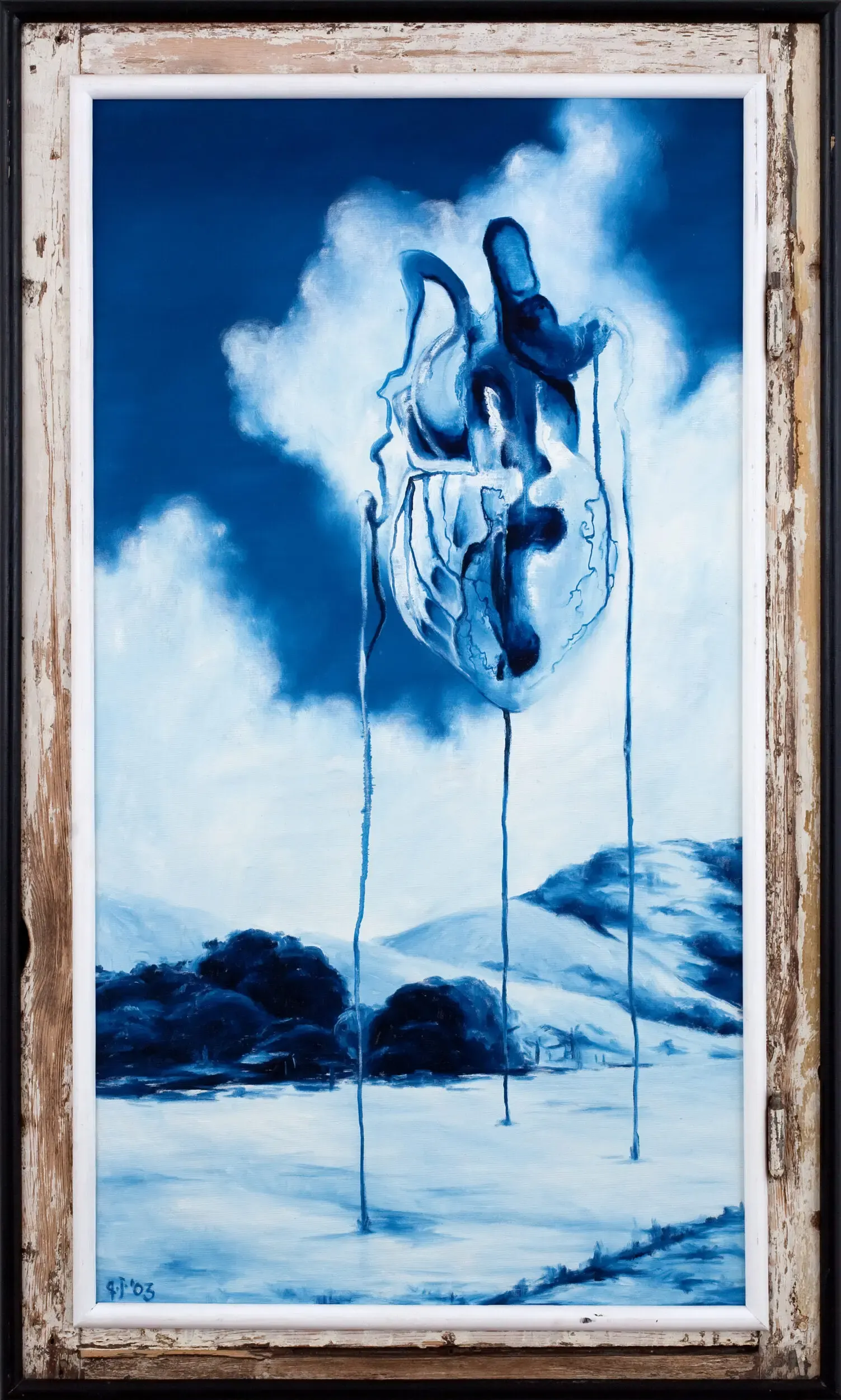 Blaues Gemälde mit Wolkenhimmel und tropfenartiger abstrakter Form, gerahmt