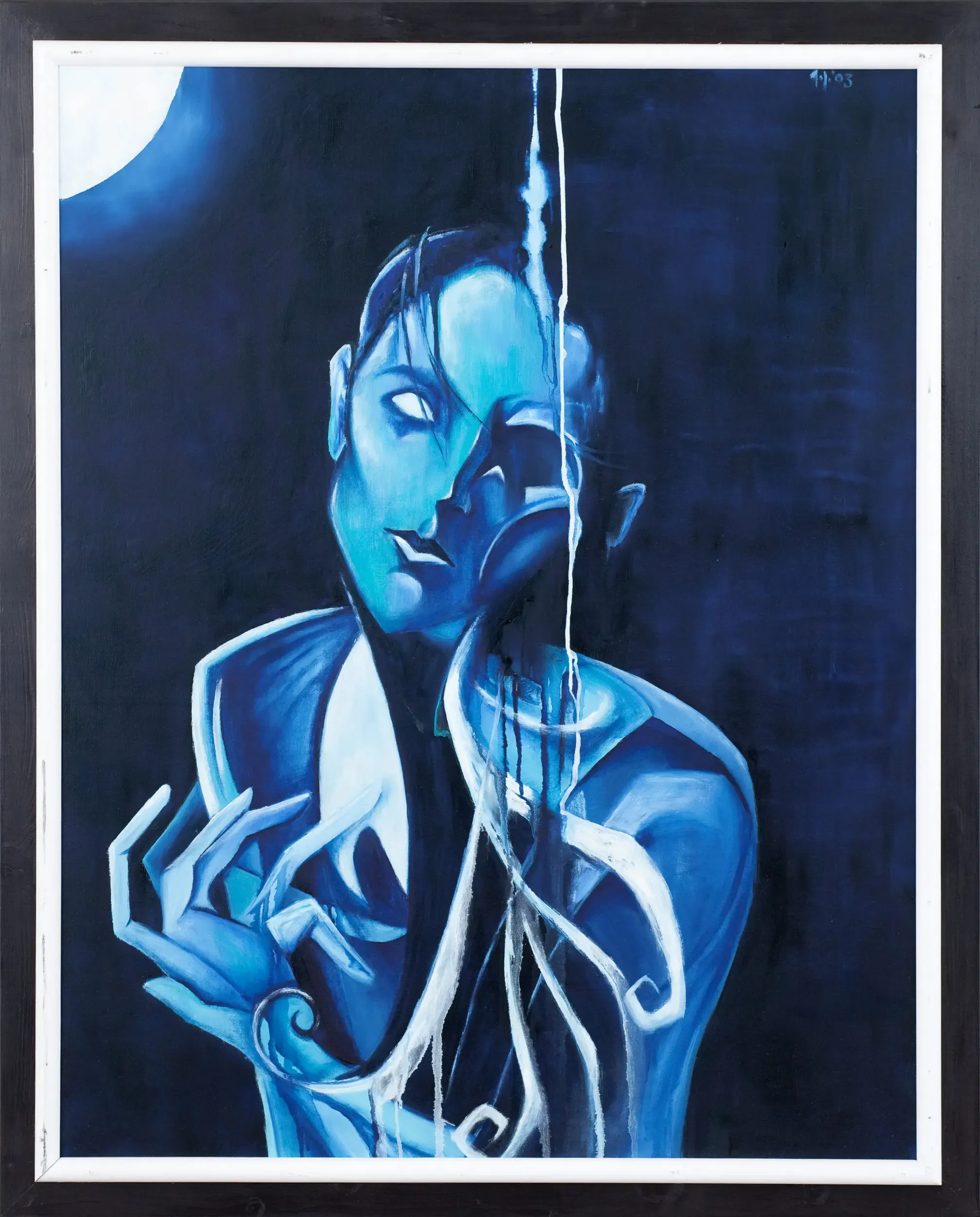 Surreales Gemälde einer blauen Figur mit ausdrucksstarkem Gesicht