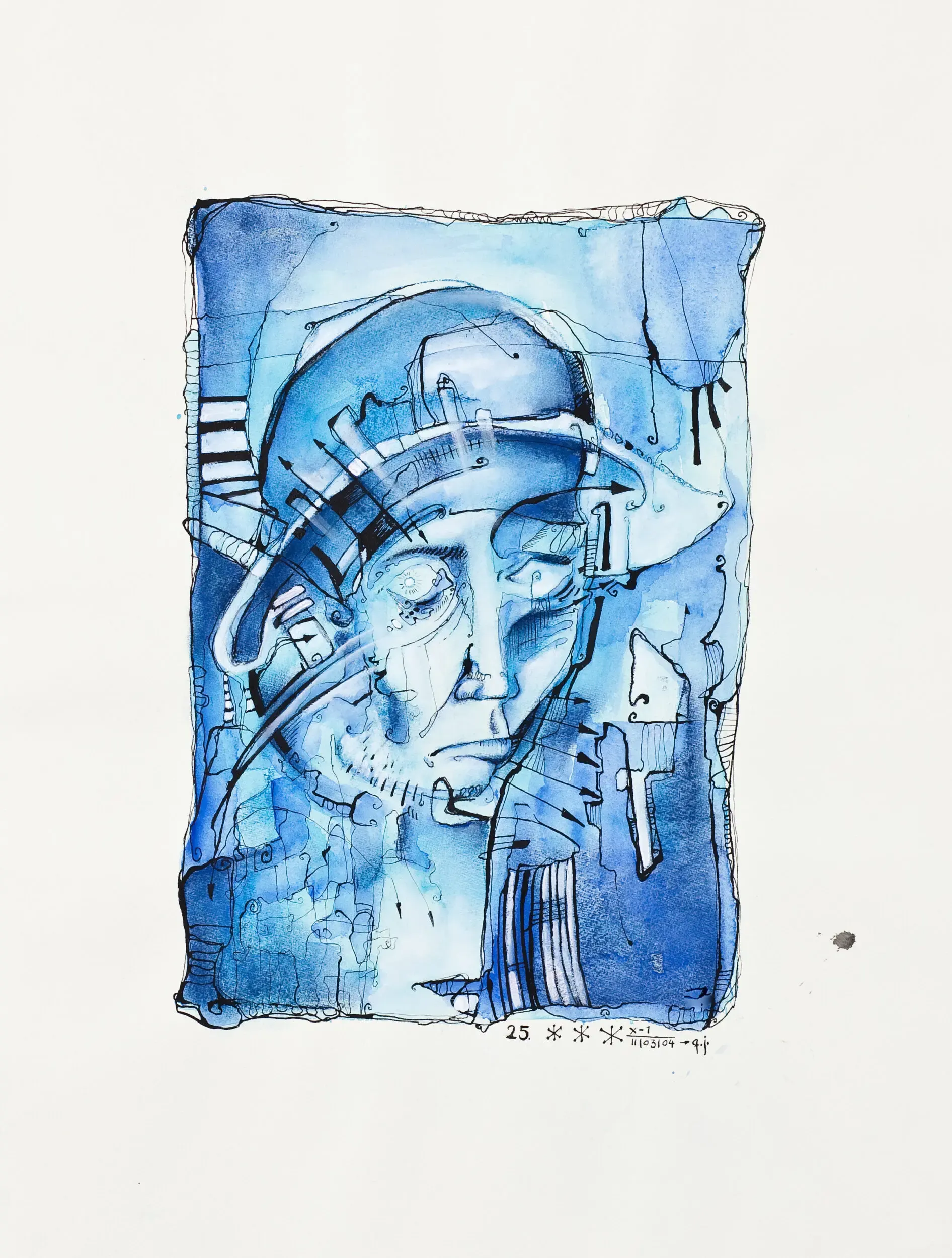 Aquarellgemälde eines Gesichts in Blautönen