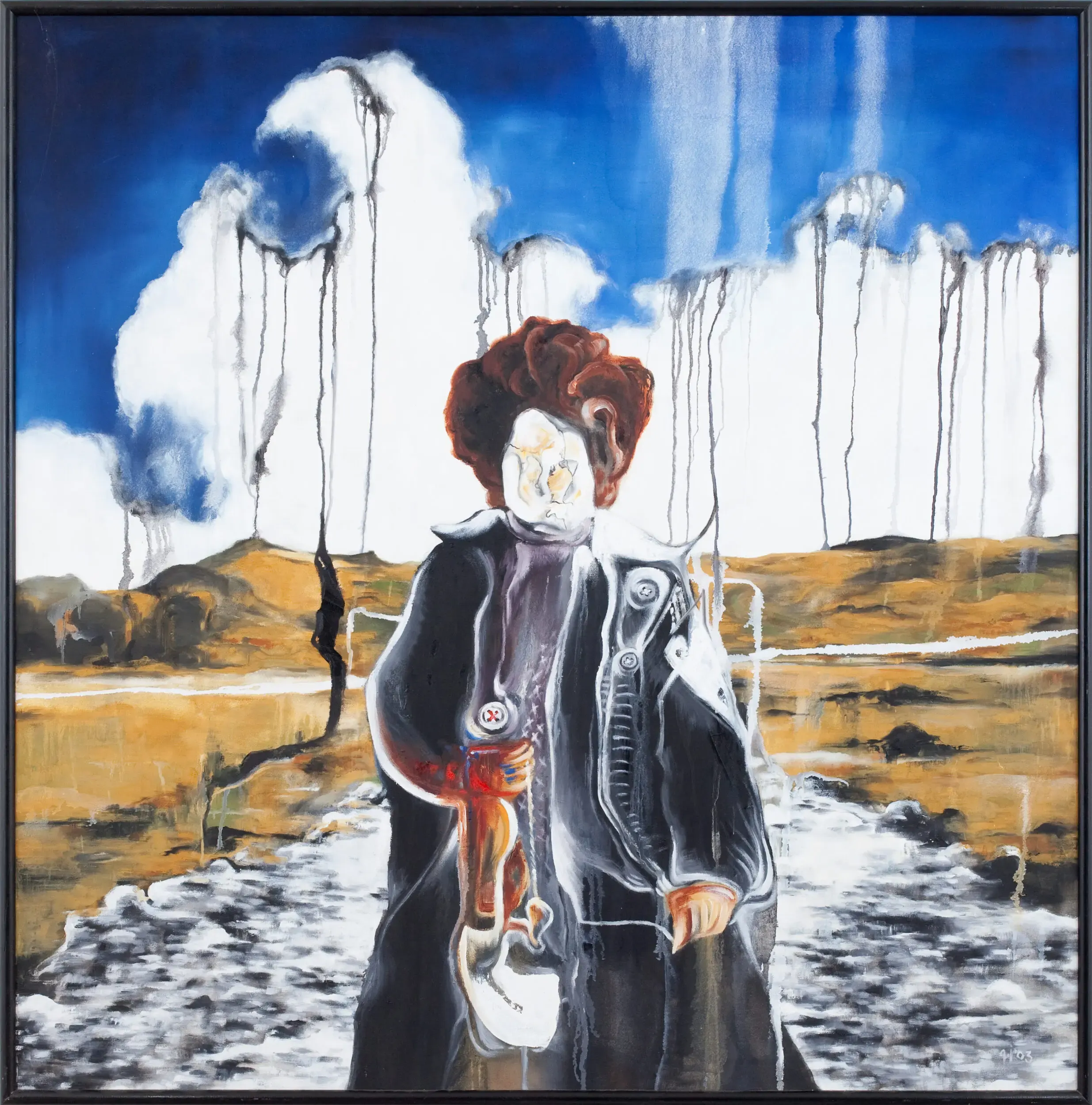 Gemälde eines Mannes in der Wüste unter blauem Himmel