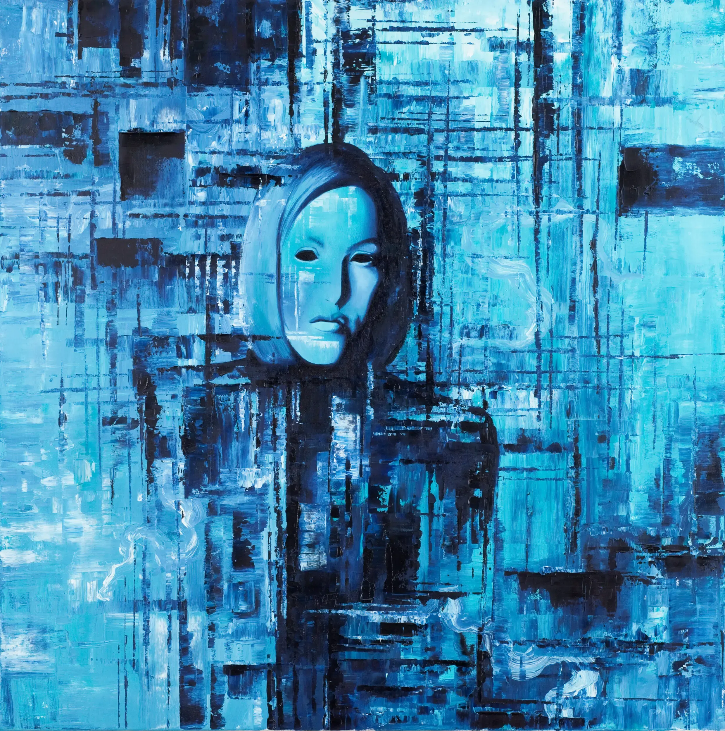 Abstraktes blaues Gemälde mit maskenartigem Gesicht