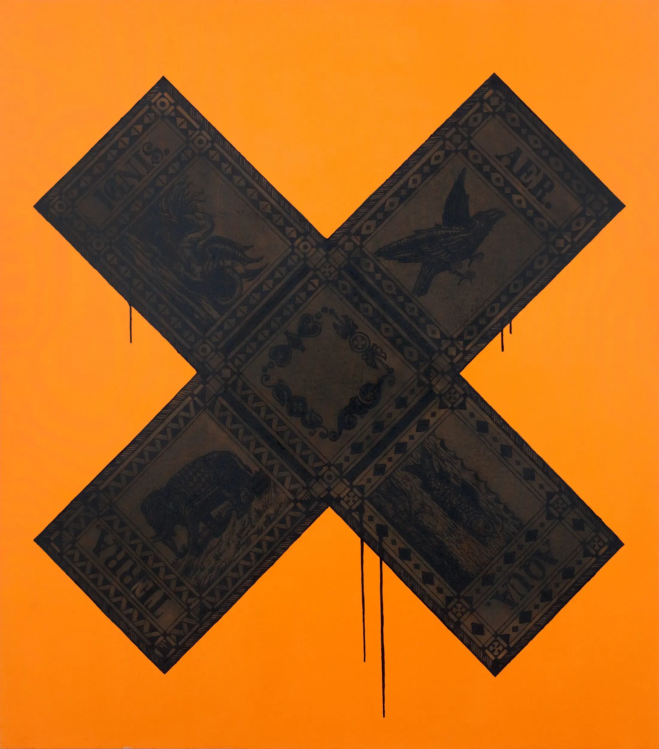 Orangefarbenes Gemälde mit großem schwarzem Kreuz