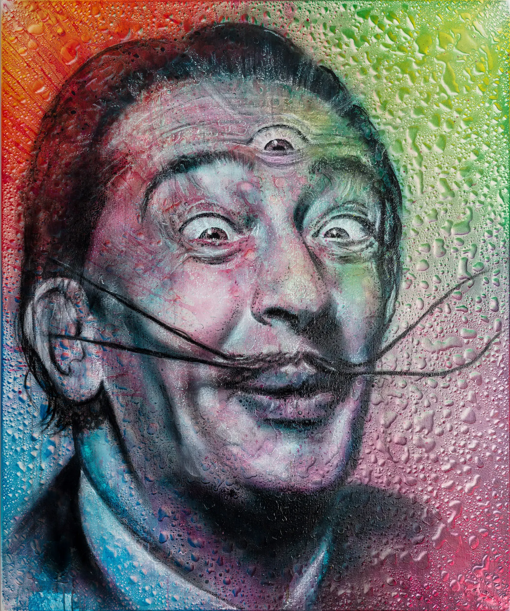 Gemälde eines Männerporträts im Stil von Salvador Dalí, bunt