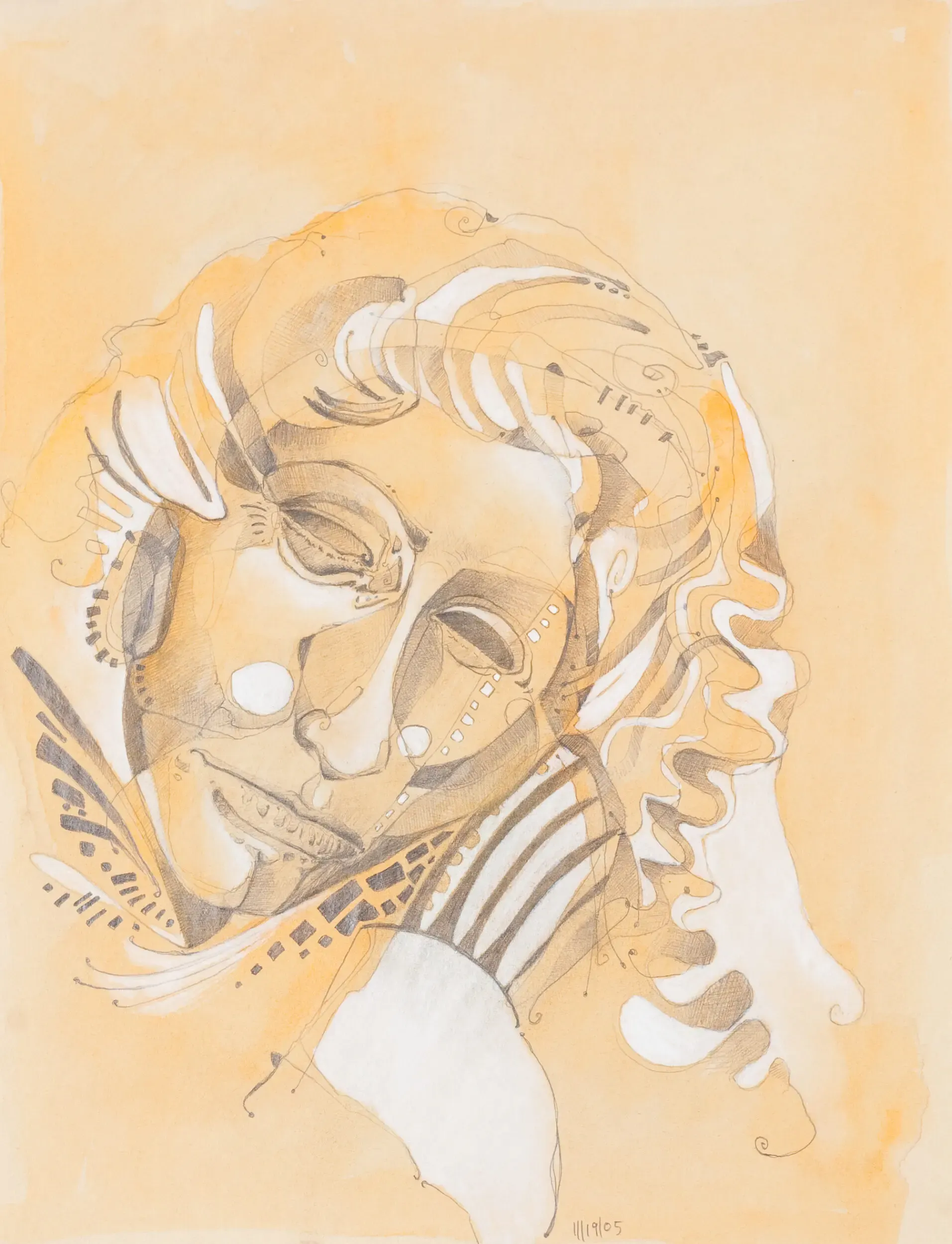 Illustration eines abstrakten Gesichts aus Linien auf beigem Grund