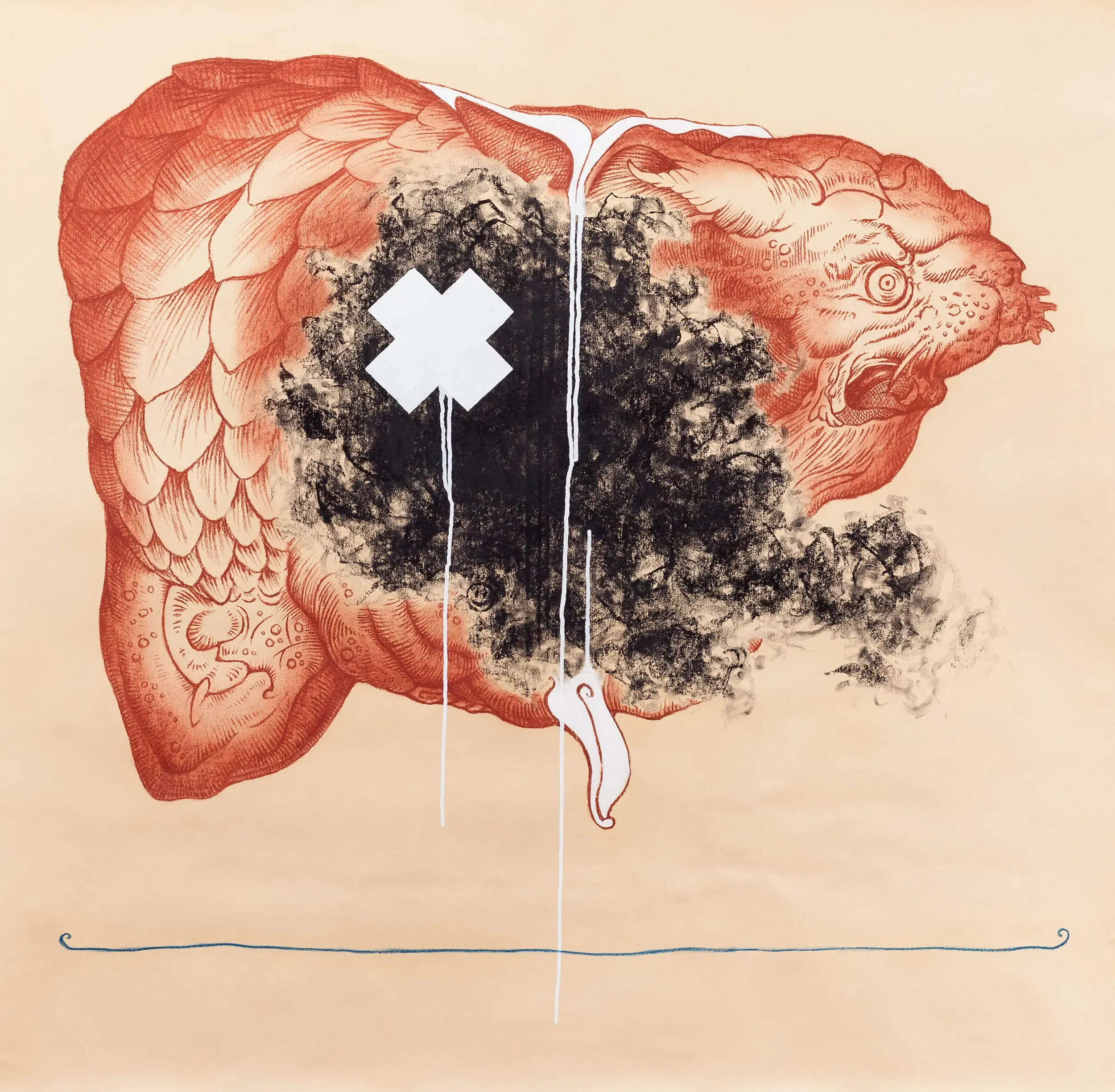 Anatomische Illustration eines Organs mit schwarzer Farbmarkierung