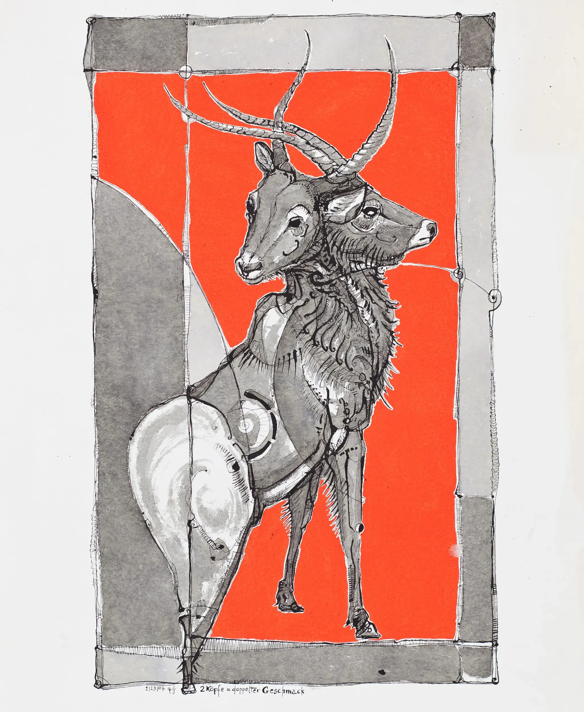 Illustration einer Antilope vor orangefarbenem Hintergrund, gerahmt