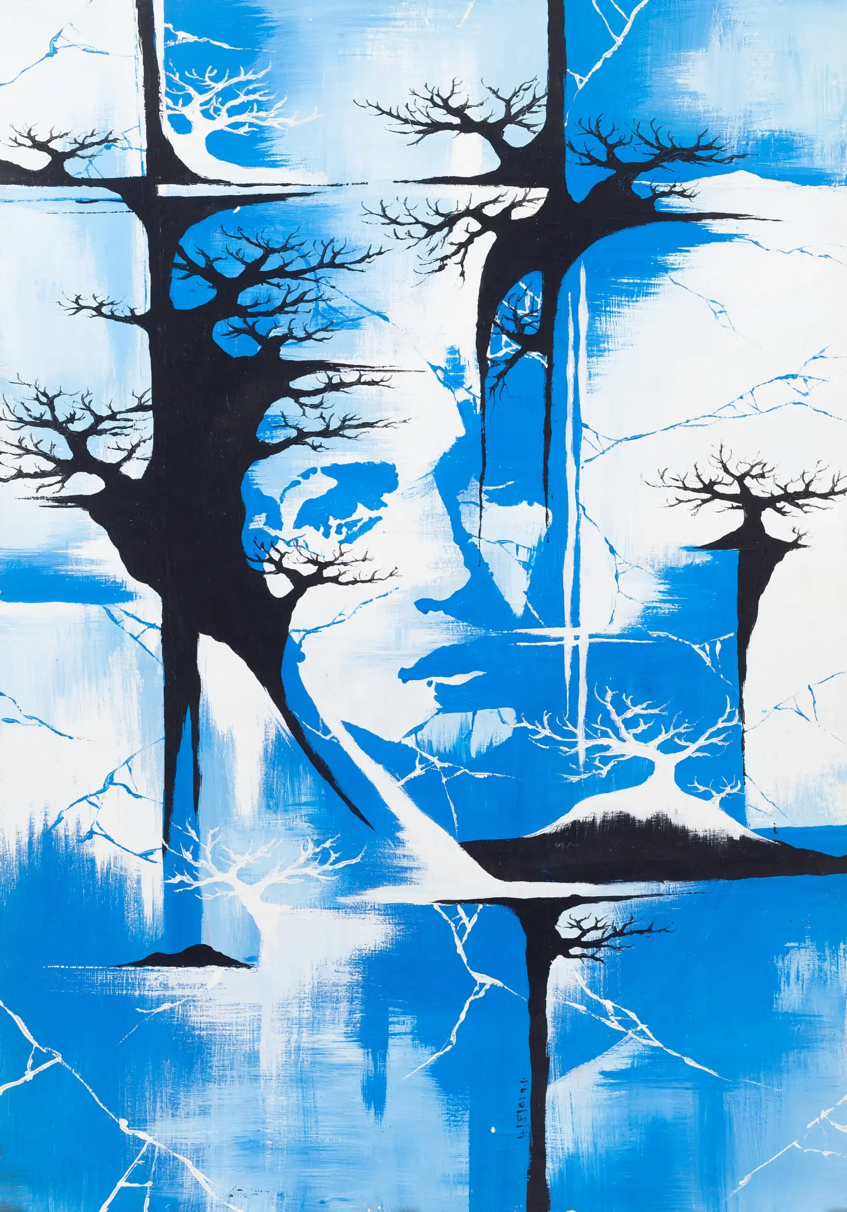 Illustration baumartiger Figuren, die ein Gesicht formen, in Blau