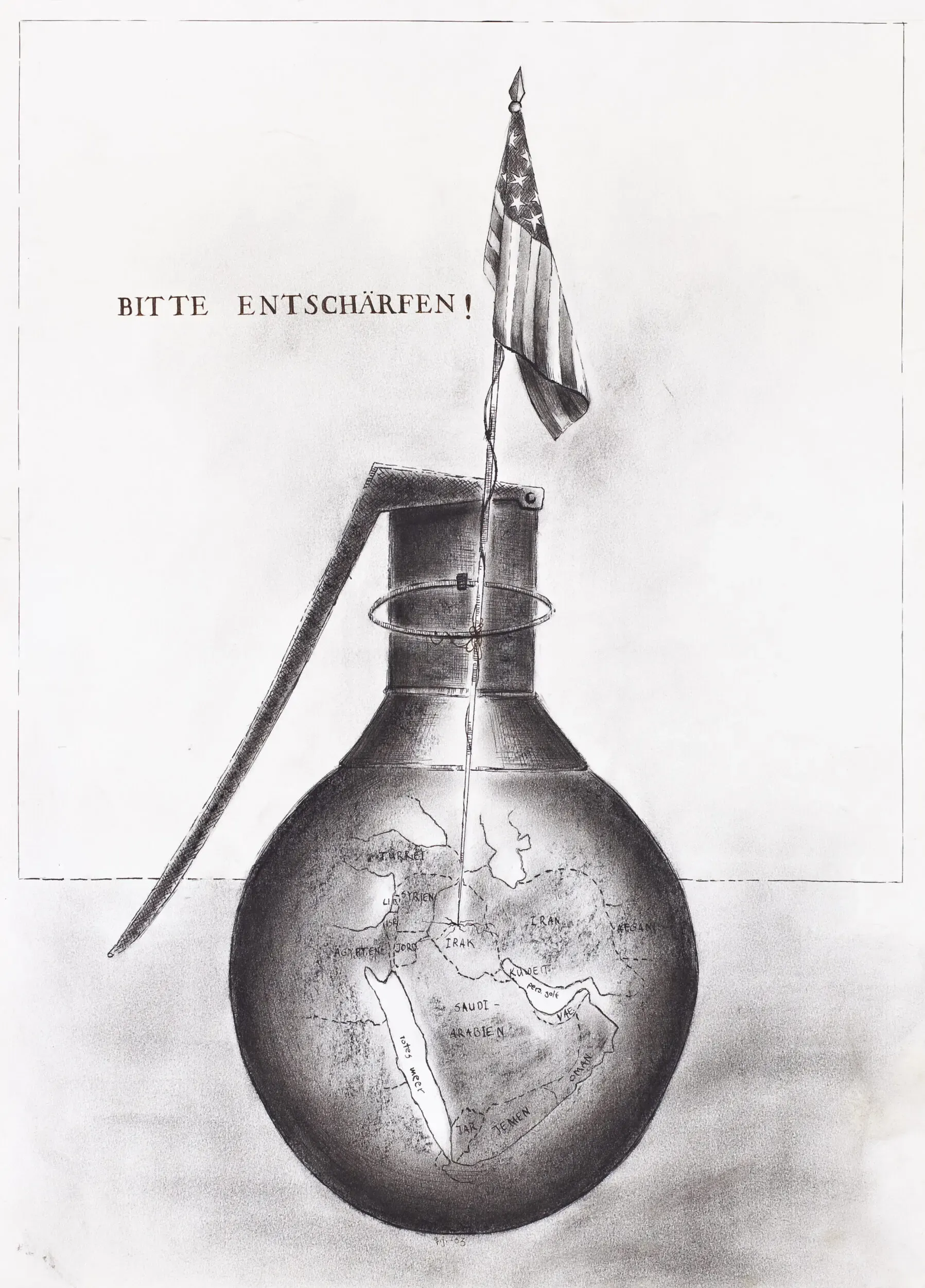 Illustration einer hängenden Bombe mit Flagge und Text "Bitte entschärfen"