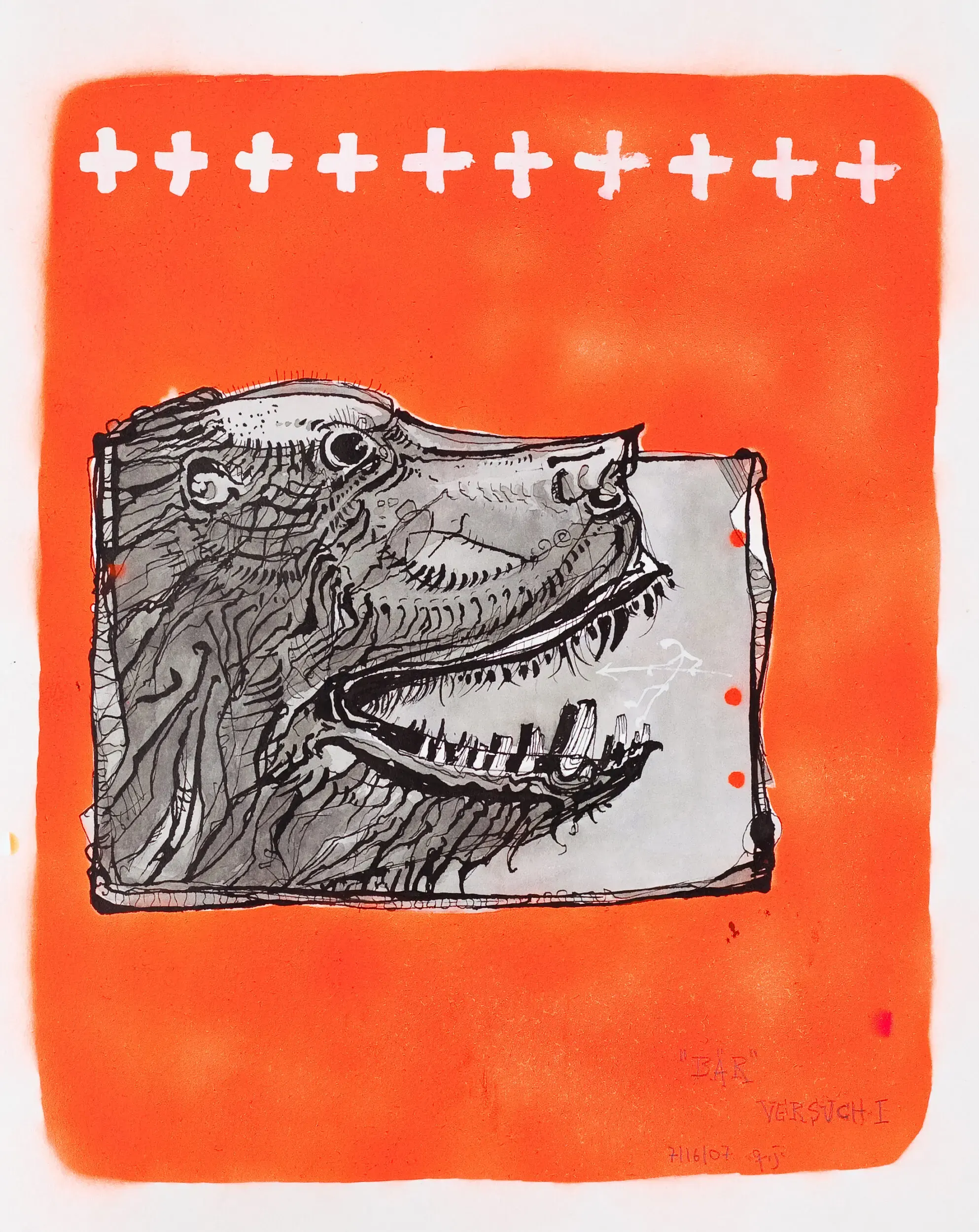 Illustration eines Dinosaurierkopfes mit Kreuzmuster auf orangem Grund