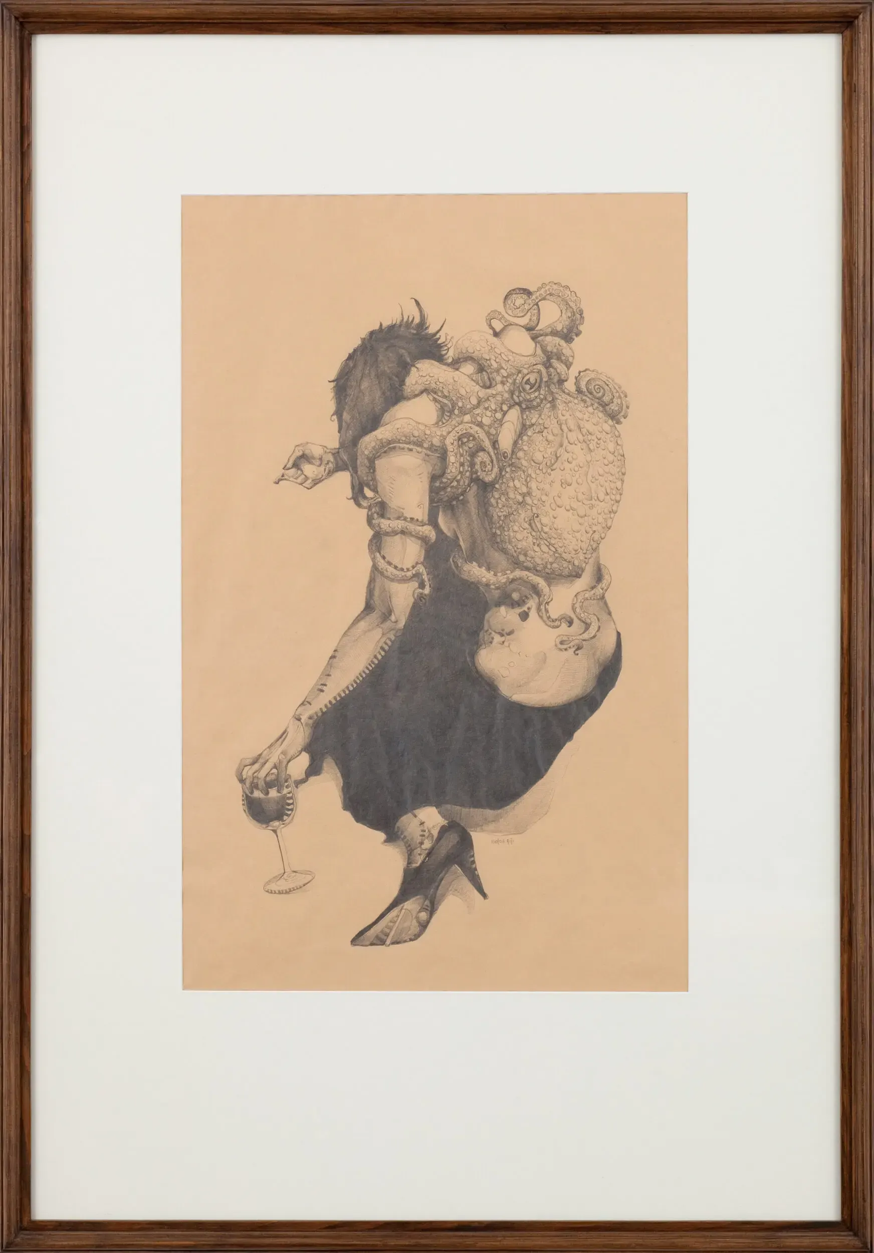 Gerahmte Sepia-Illustration einer Figur