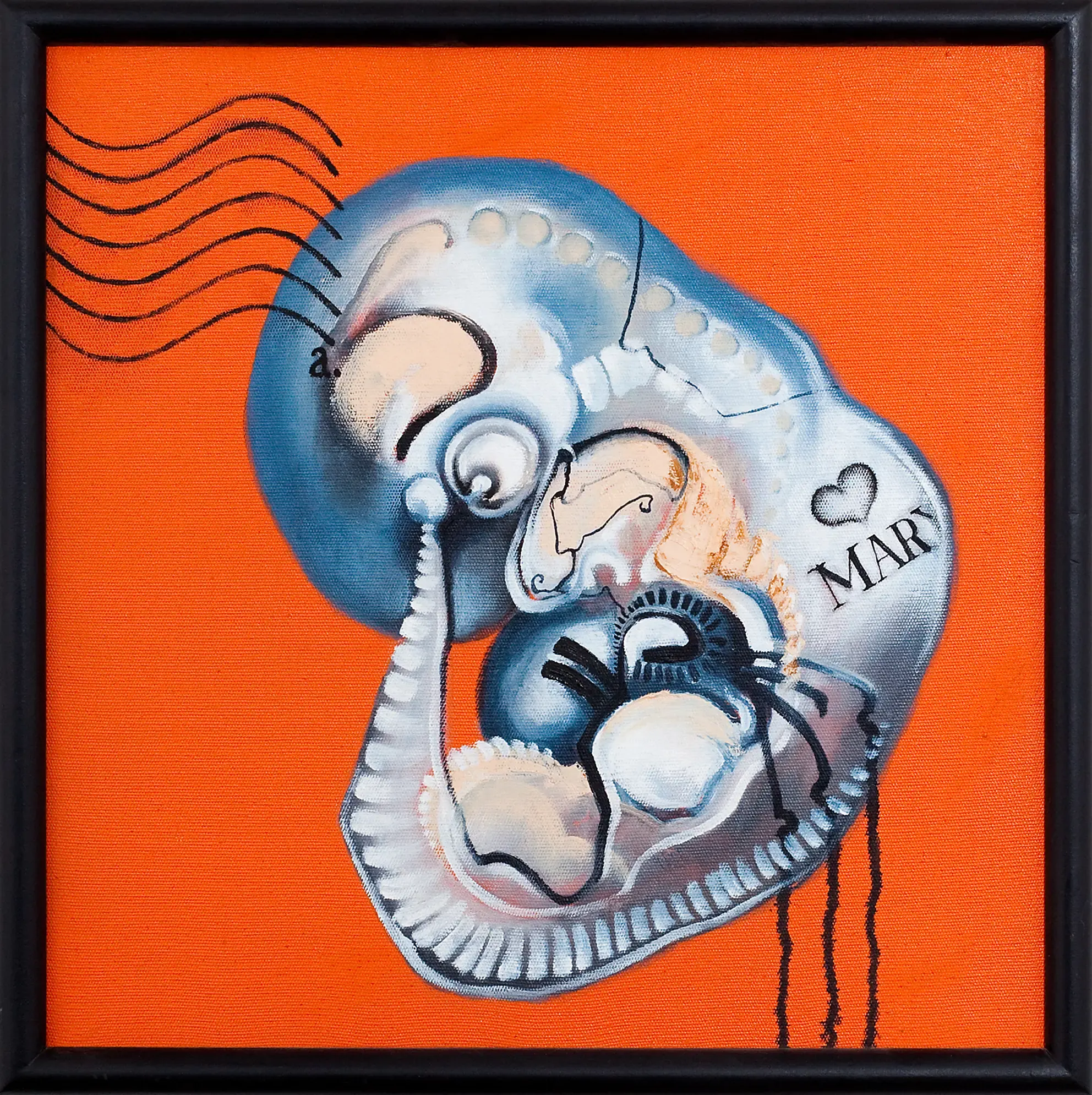 Illustration eines Fisch-Mensch-Hybridwesens vor orangem Hintergrund
