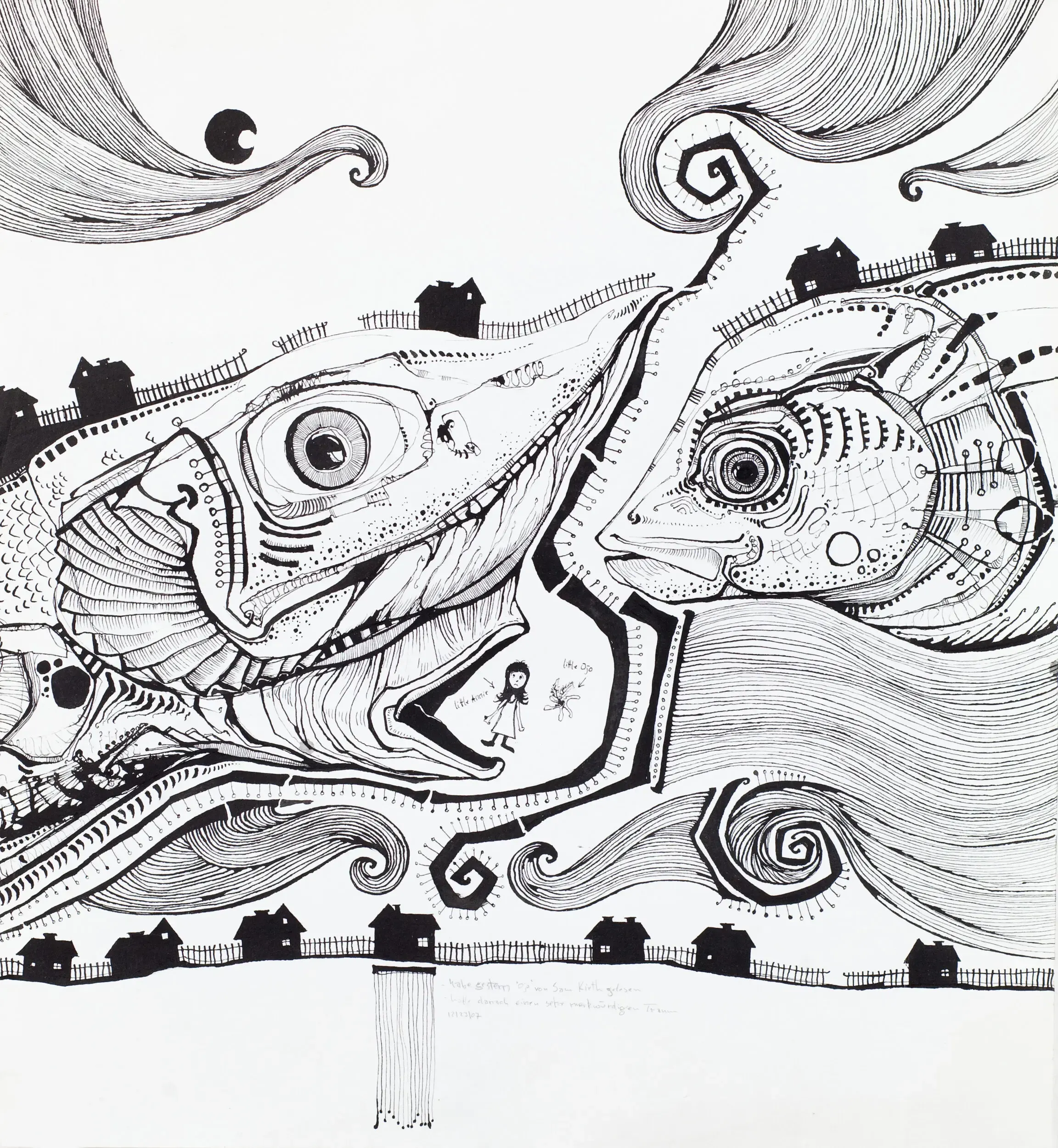 Tuschillustration mit Fischen und Häusern in dekorativer Bordüre