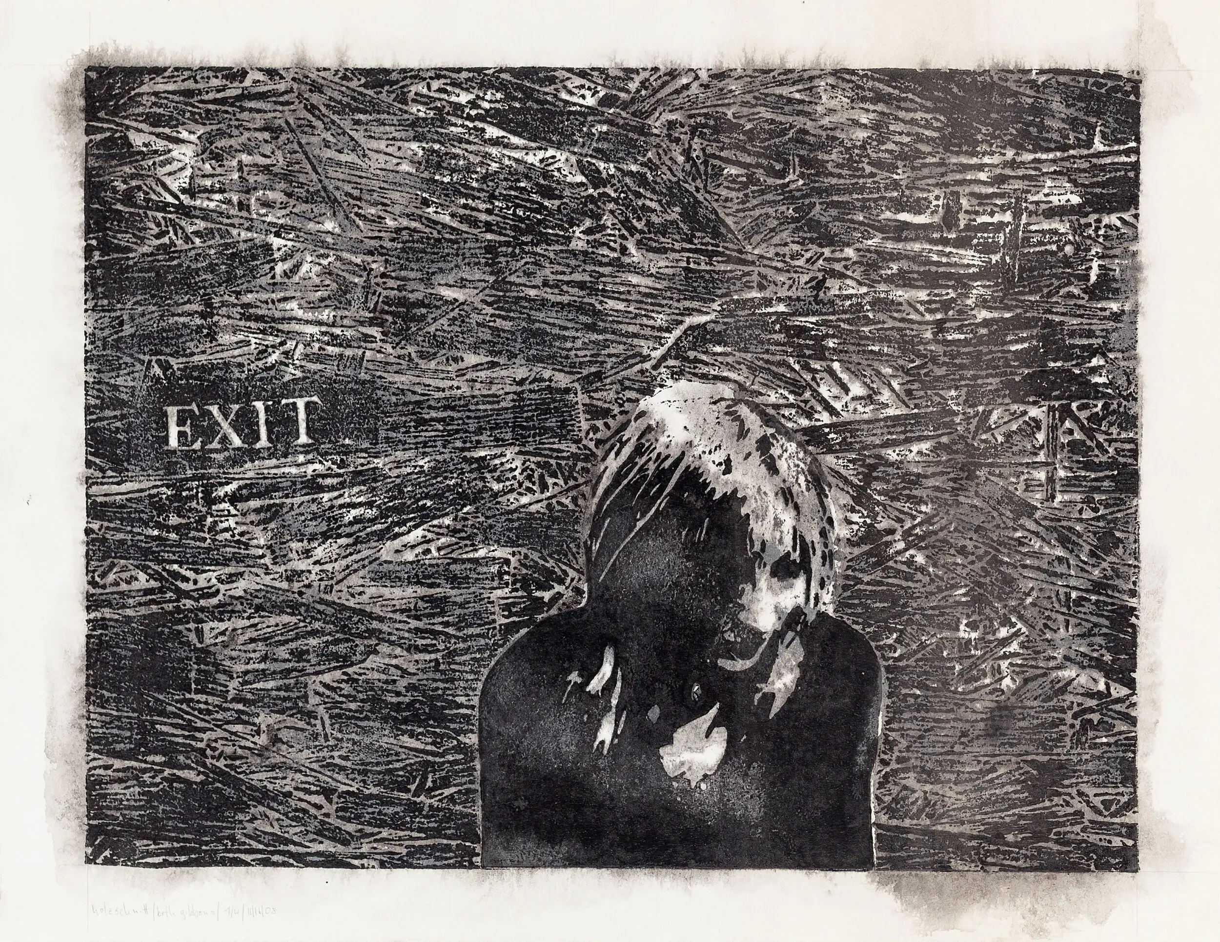 Schwarzweiße Illustration einer Frau mit "EXIT"-Schriftzug