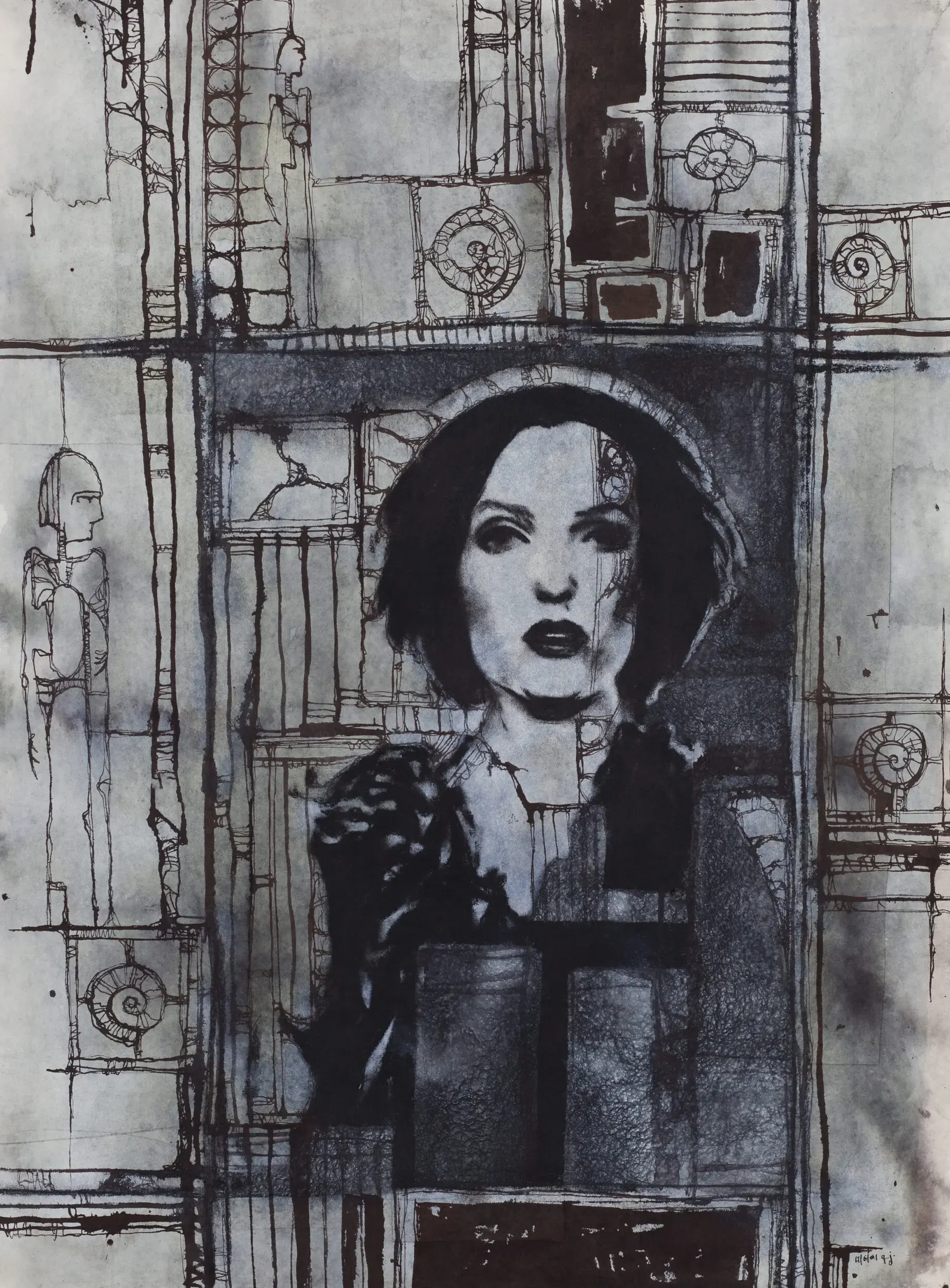 Illustration einer Frau in einem dunklen architektonischen Raum