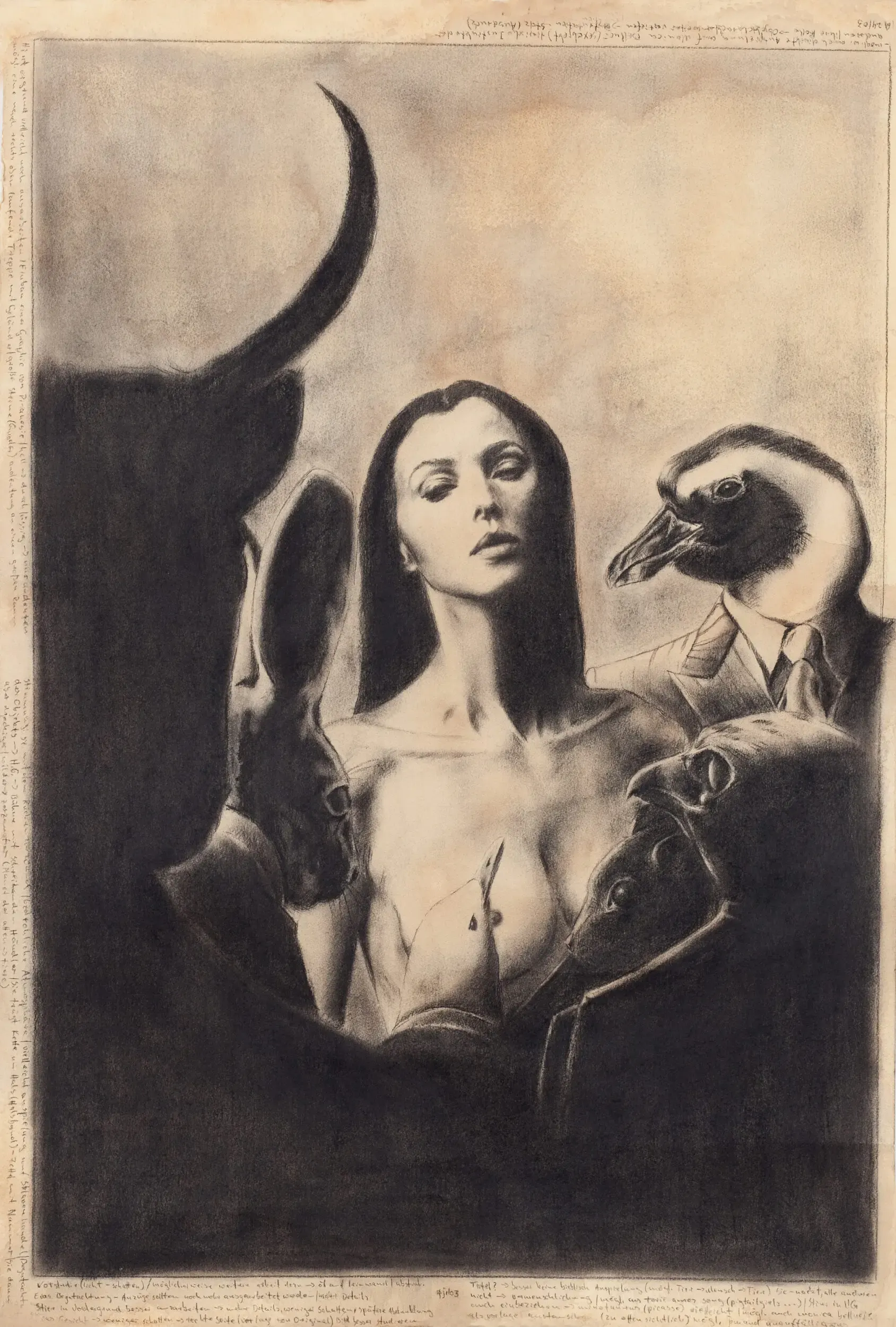 Sepiafarbene Illustration einer Frau mit Stierhorn und Gans