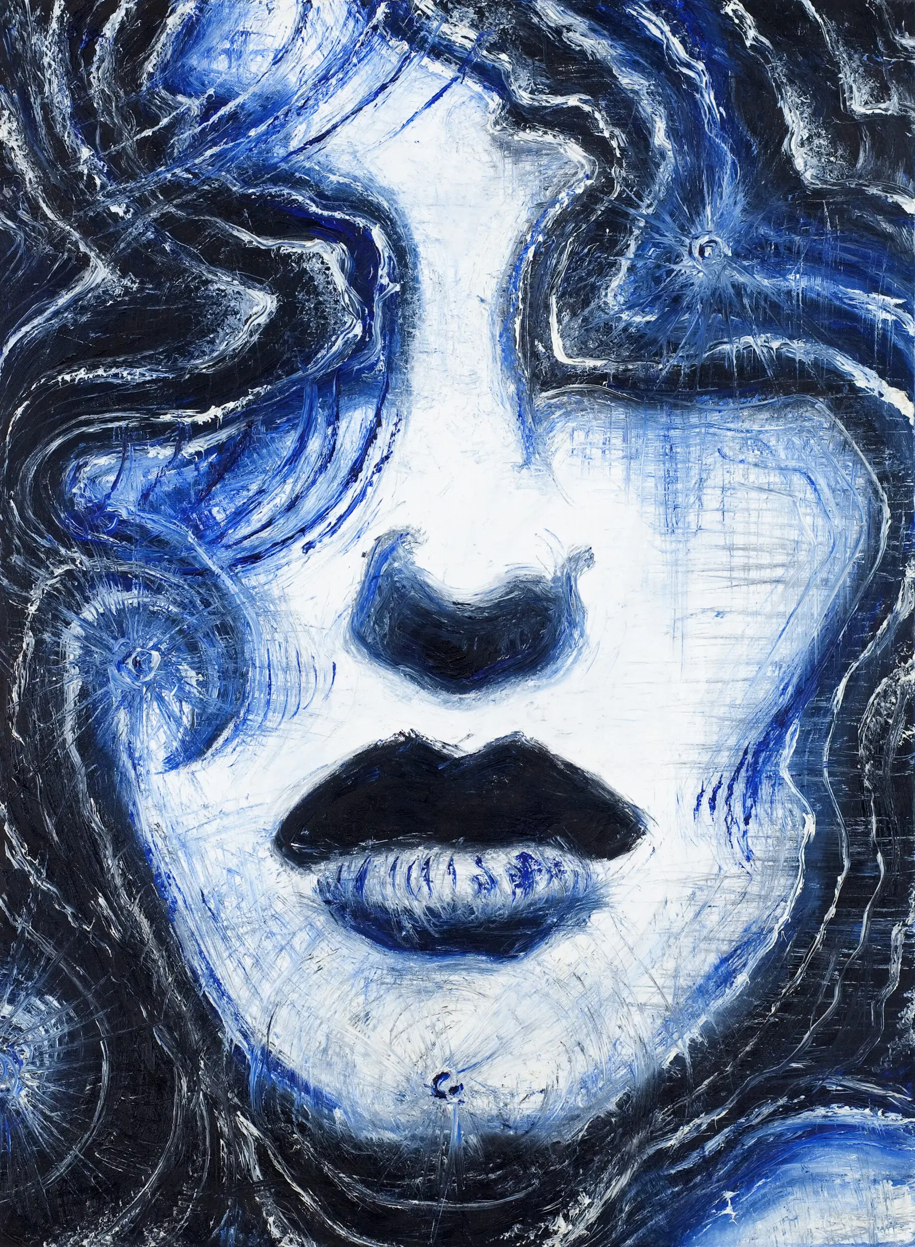 Illustration eines Frauengesichts mit fließenden blauen Haaren