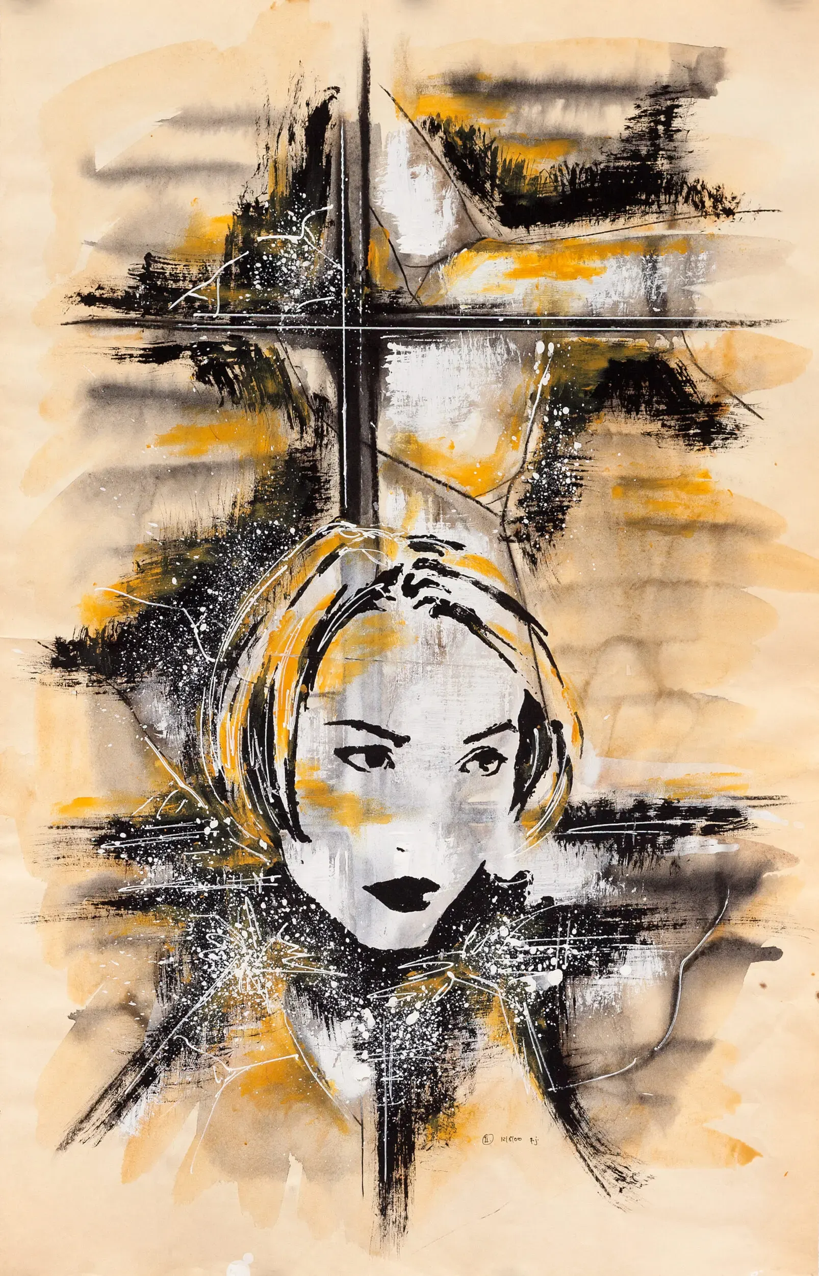 Illustration eines Frauengesichts vor kreuzförmigem Muster in Orange