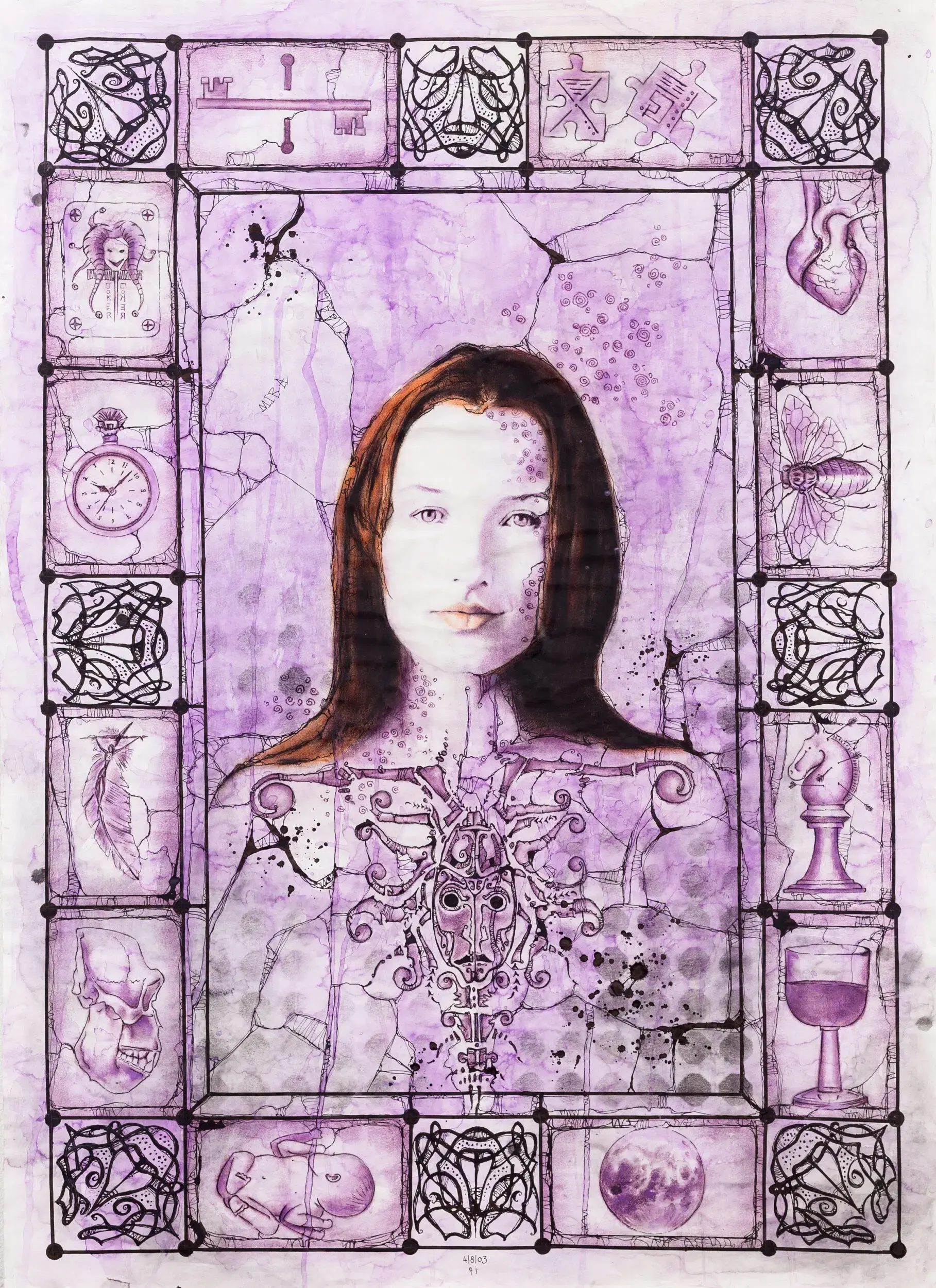Frauenporträt in ornamentalem violettem Rahmen