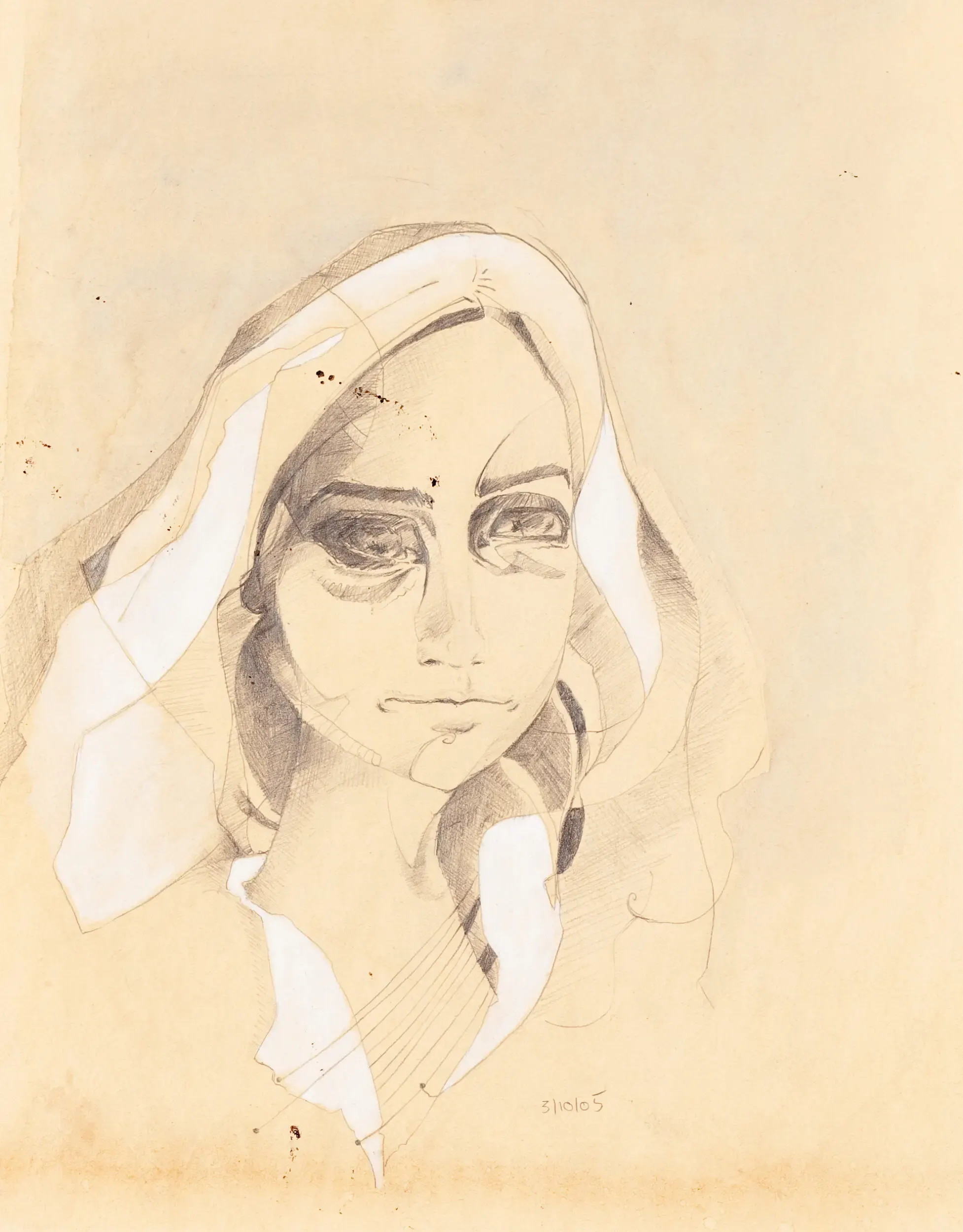 Frauenportrait-Illustration in Weiß- und Beigetönen