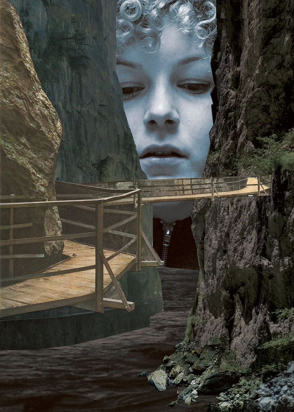 Digitale Illustration eines bläulichen Gesichts über einer Brücke in einer Höhle
