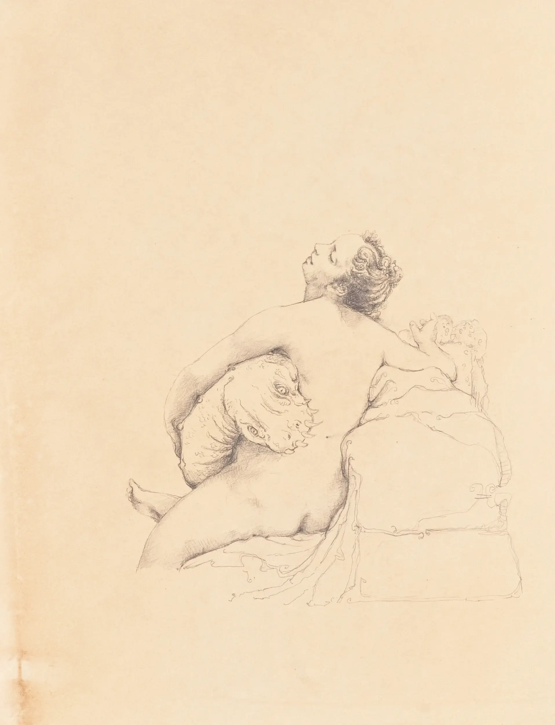 Skizze einer hockenden Figur auf beigem Papier