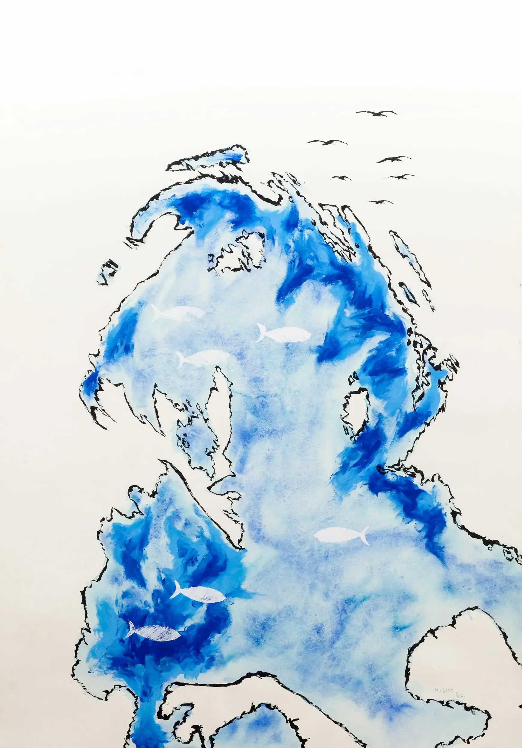 Blaue Aquarellillustration einer küstenartigen Form mit Vögeln