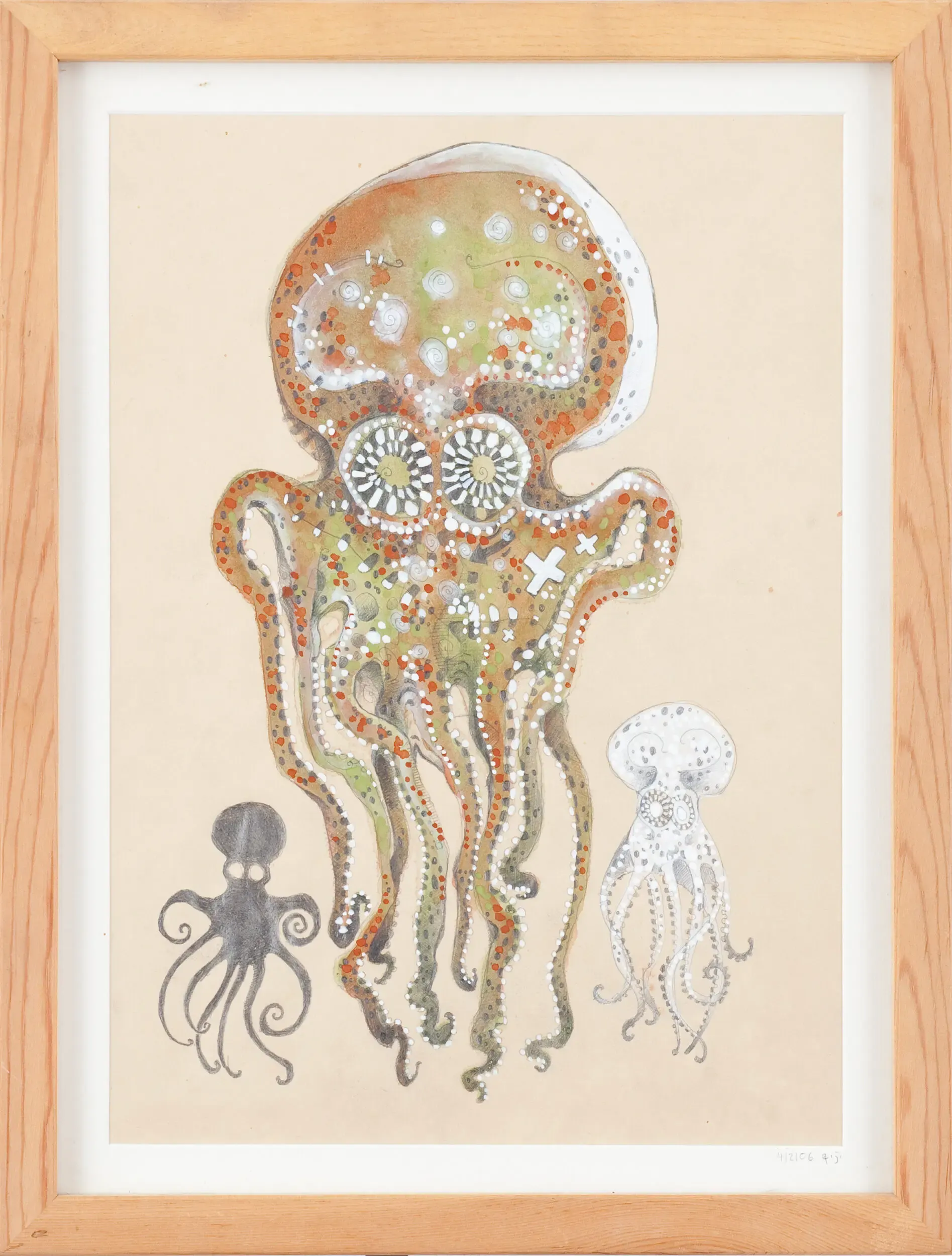 Bunte Illustration einer Oktopus-Familie mit Punktemuster