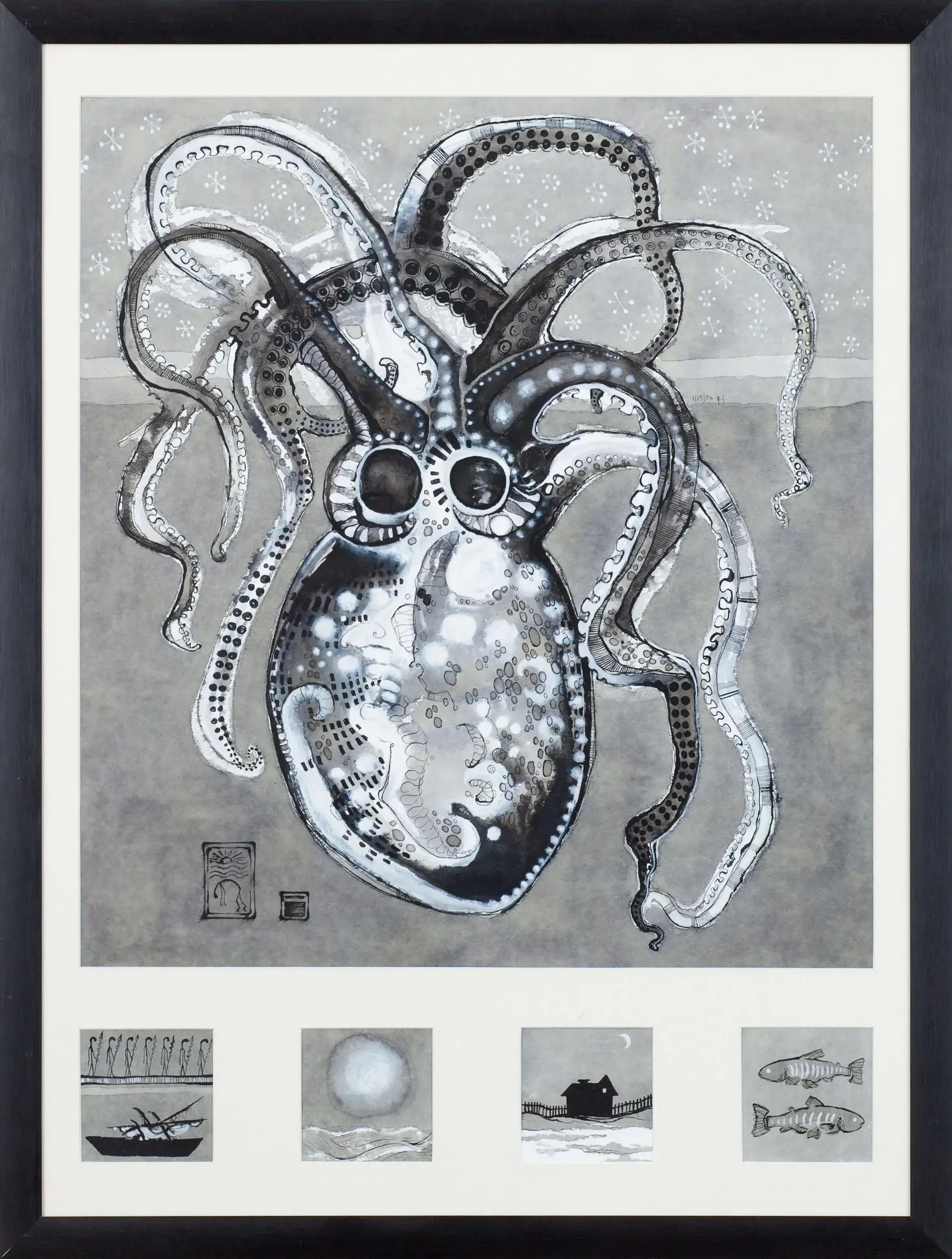 Schwarzweiße Illustration eines Oktopus