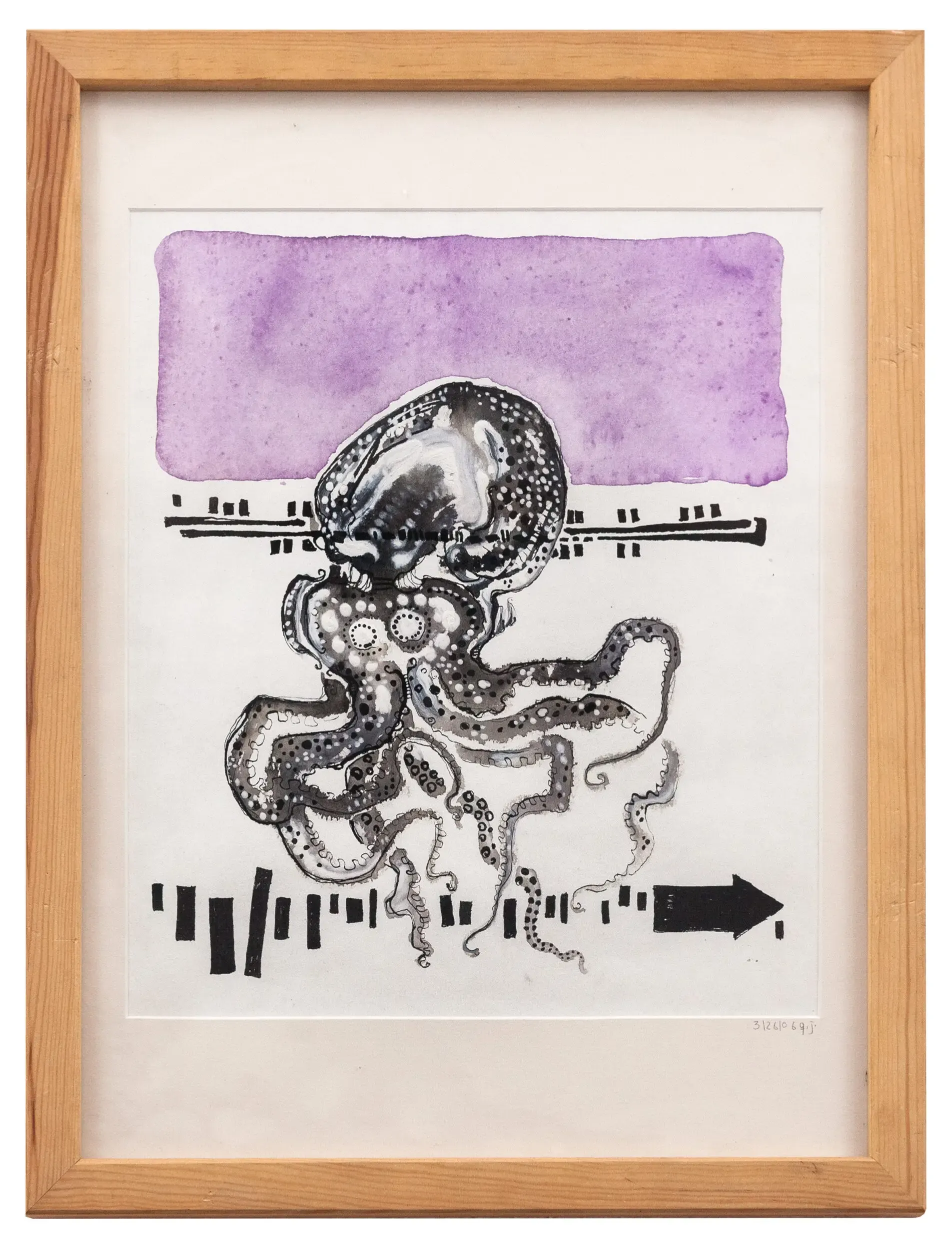 Gerahmte Illustration eines Oktopus mit violettem Farbfeld