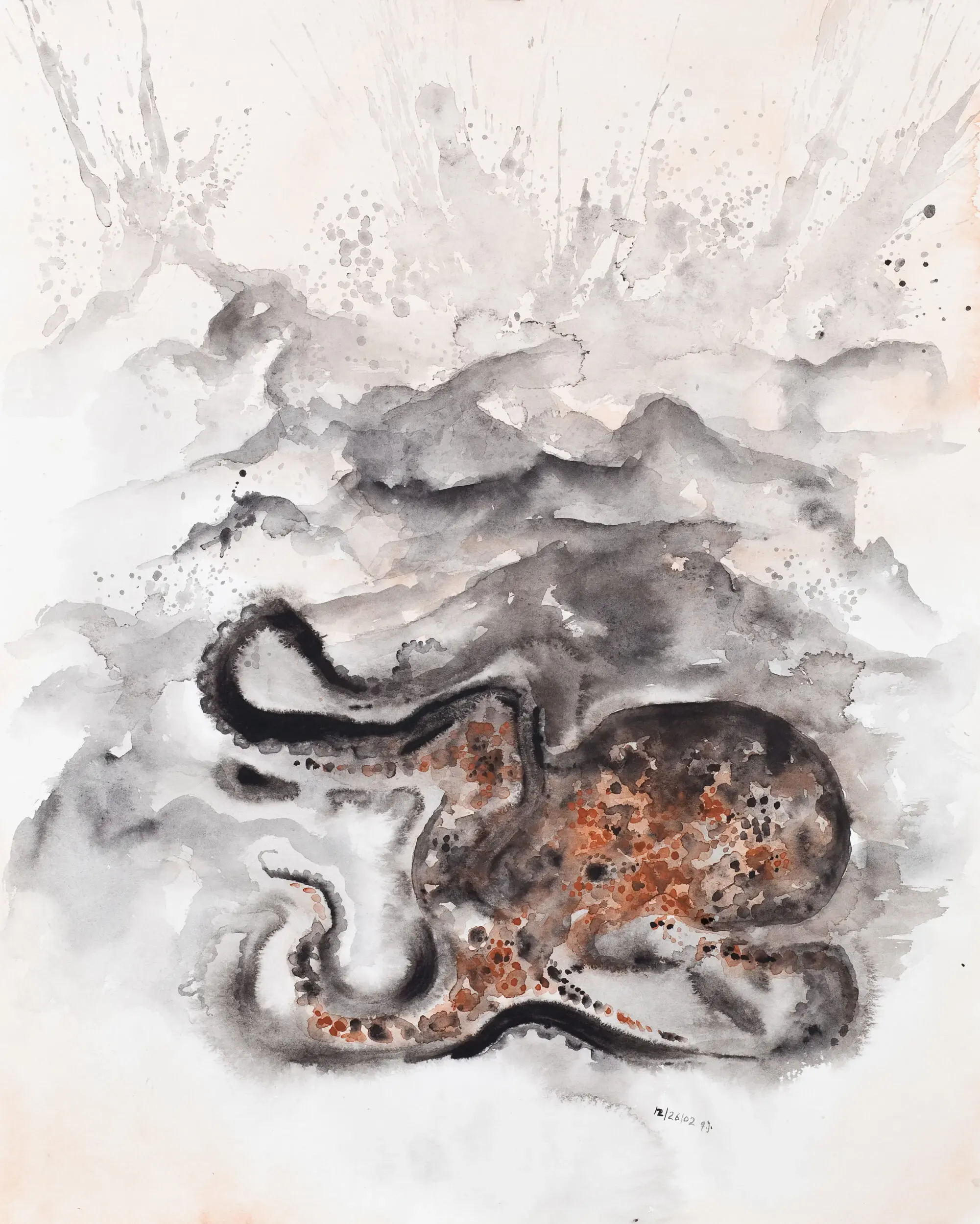 Aquarellzeichnung eines Oktopus im Rauch, in Brauntönen