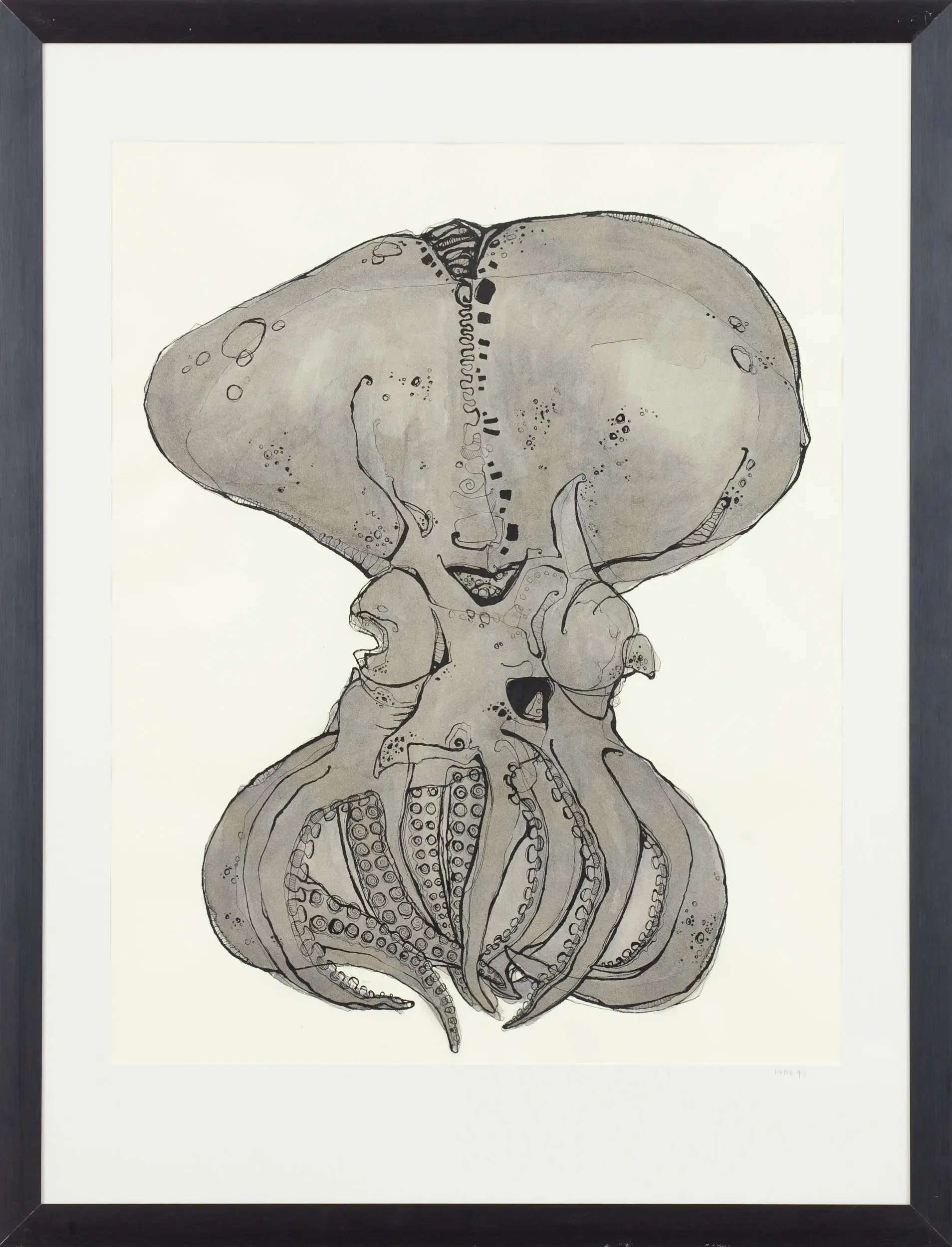 Symmetrische graue Tuschillustration mit Oktopus- und Schädelmotiv