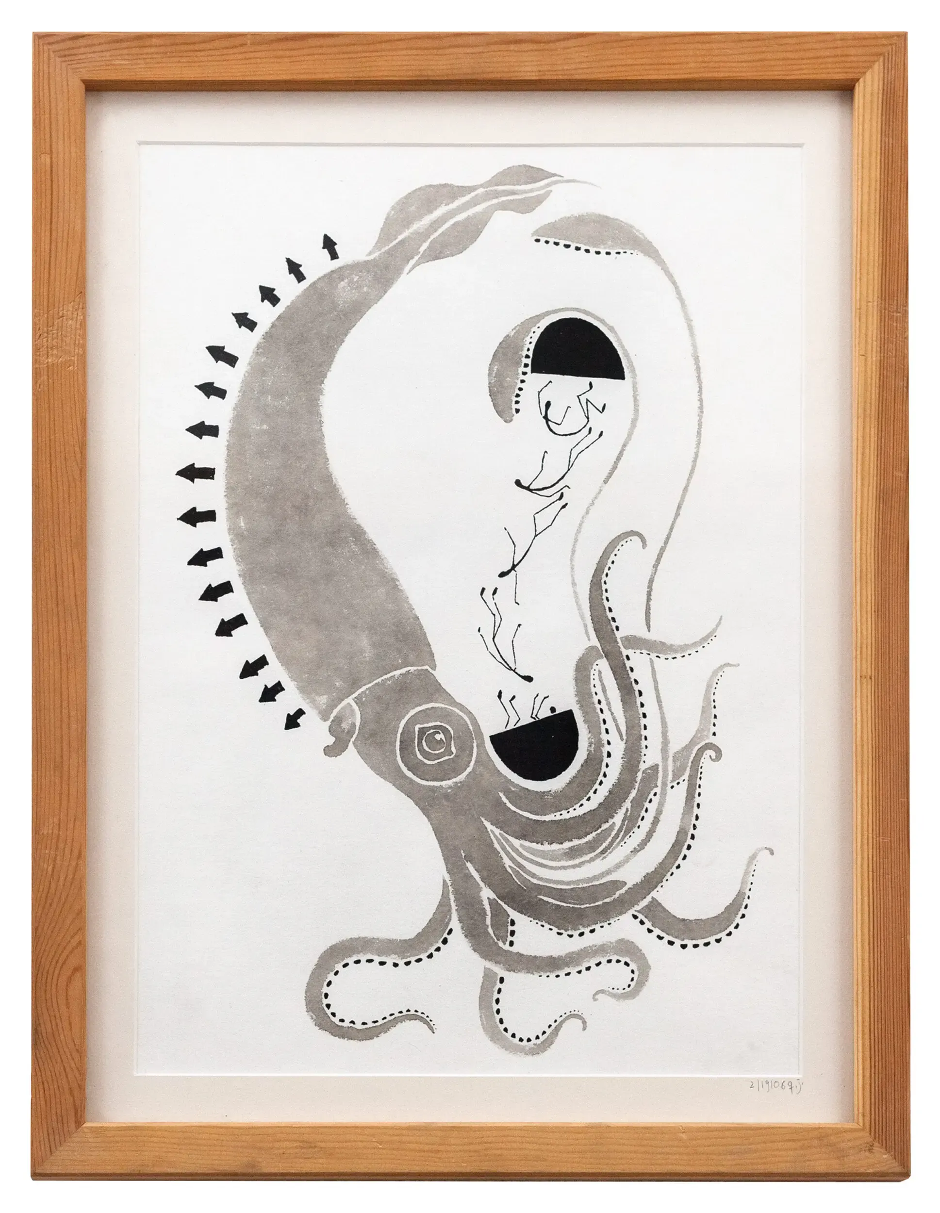 Gerahmte Tuschezeichnung eines spiralförmigen Oktopus