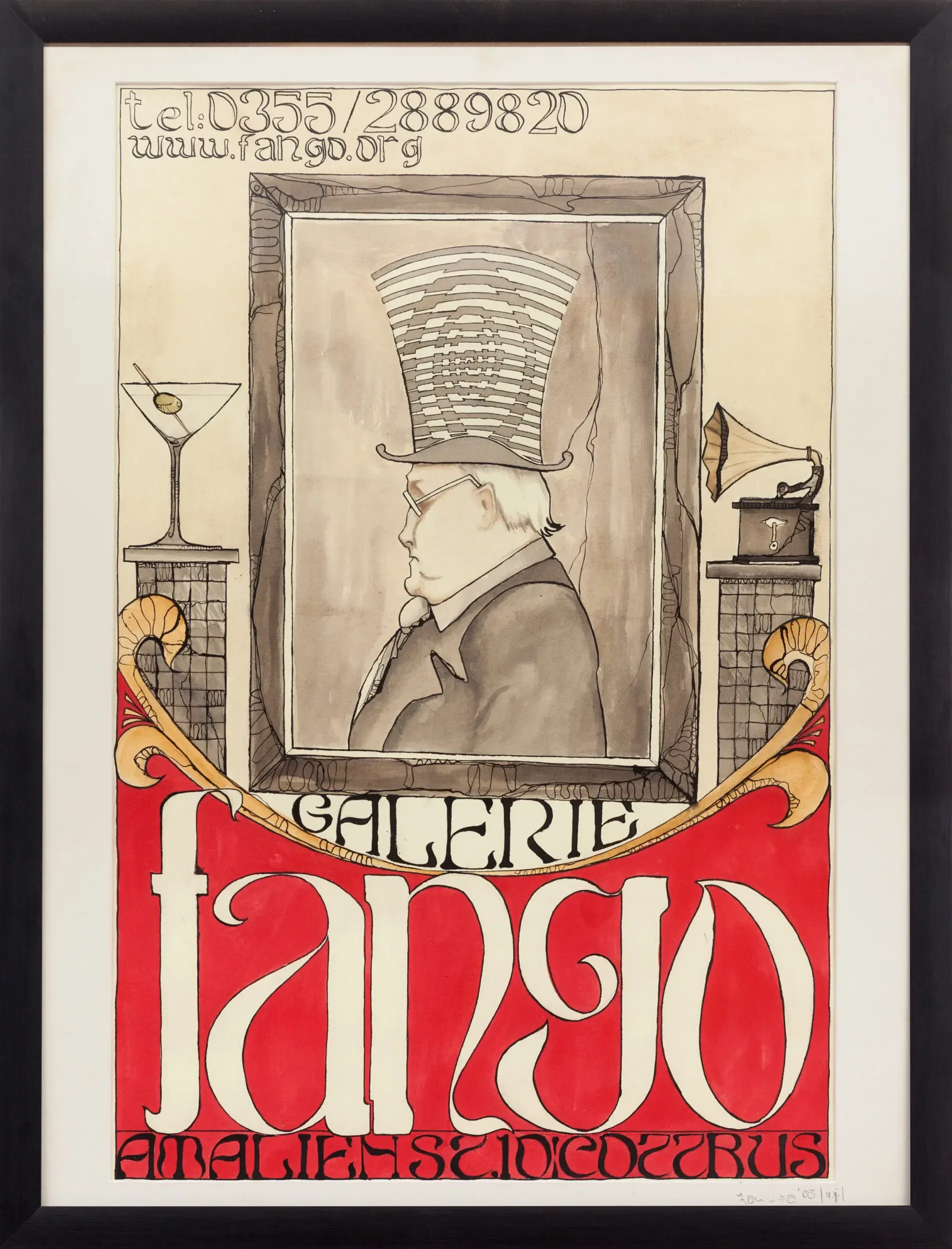 Plakatillustration "Galerie Fango" mit Mann im Zylinder