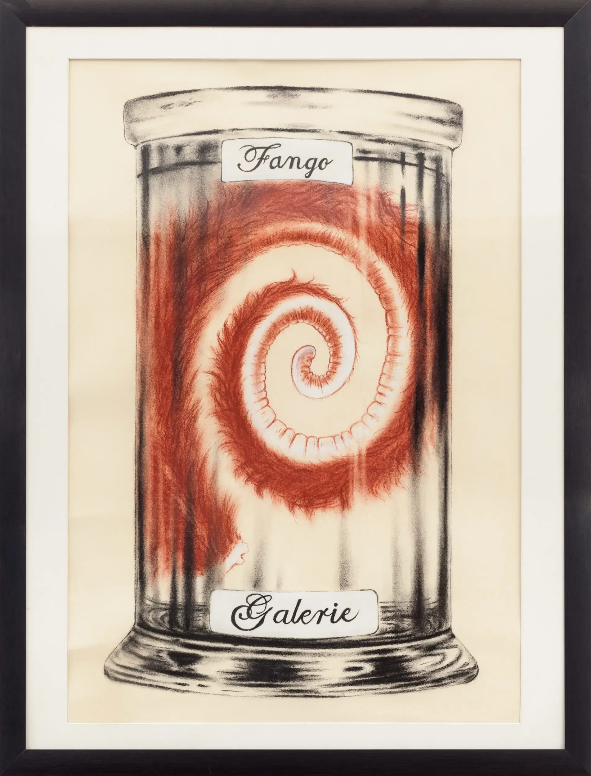 Plakatillustration eines Glases mit roter Spirale, "Fango Galerie"