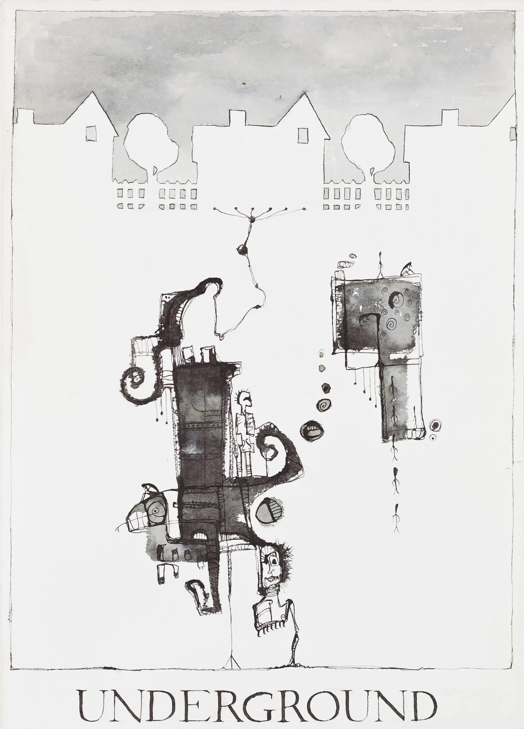 Poster-Illustration "Underground" mit Häusern und Figuren