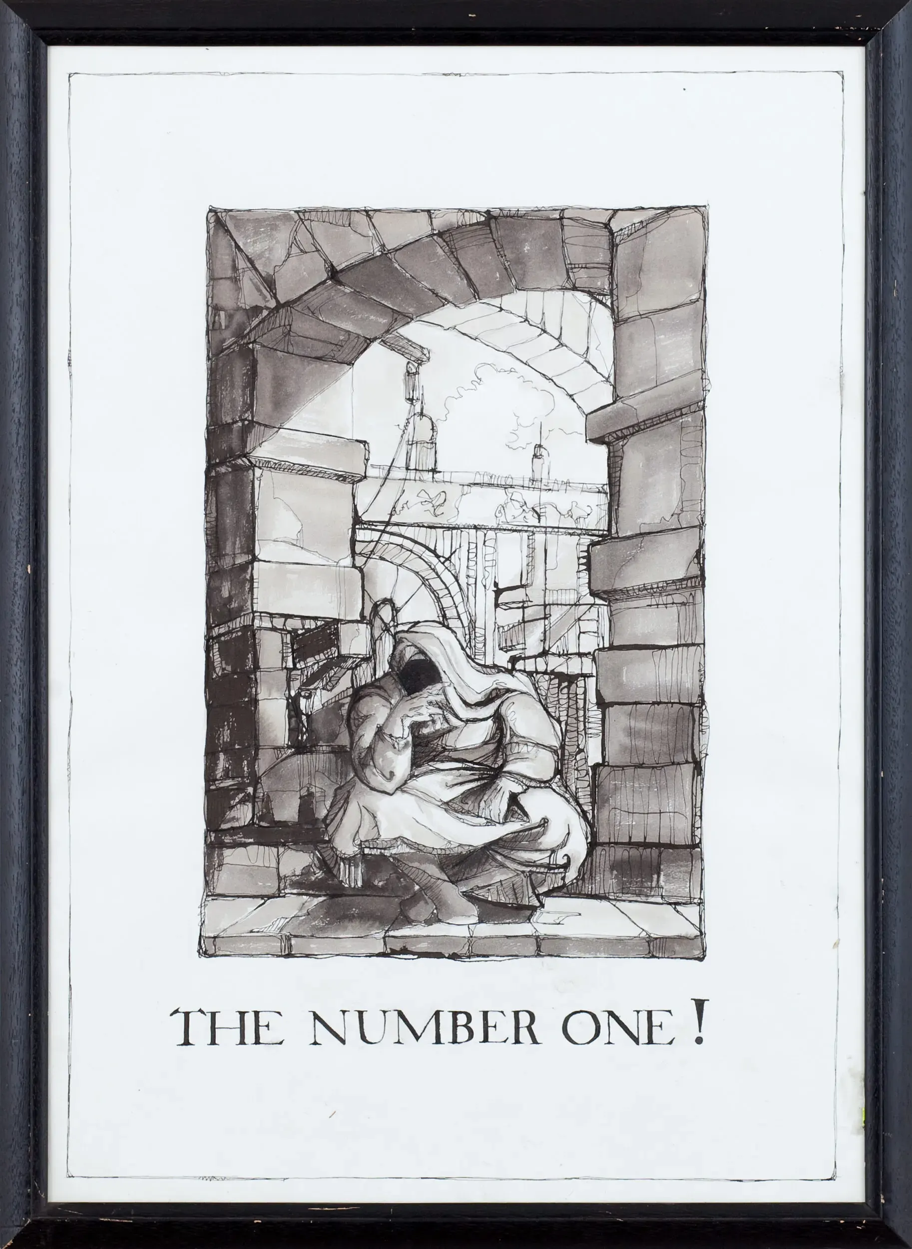 Schwarzweiße Illustration mit Torbogen, Figur und Schriftzug 'The Number One'