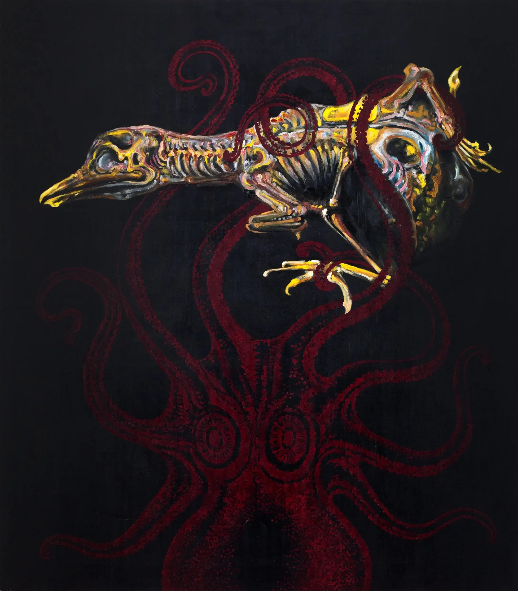 Illustration eines Vogelskeletts vor dunkelrotem Hintergrund