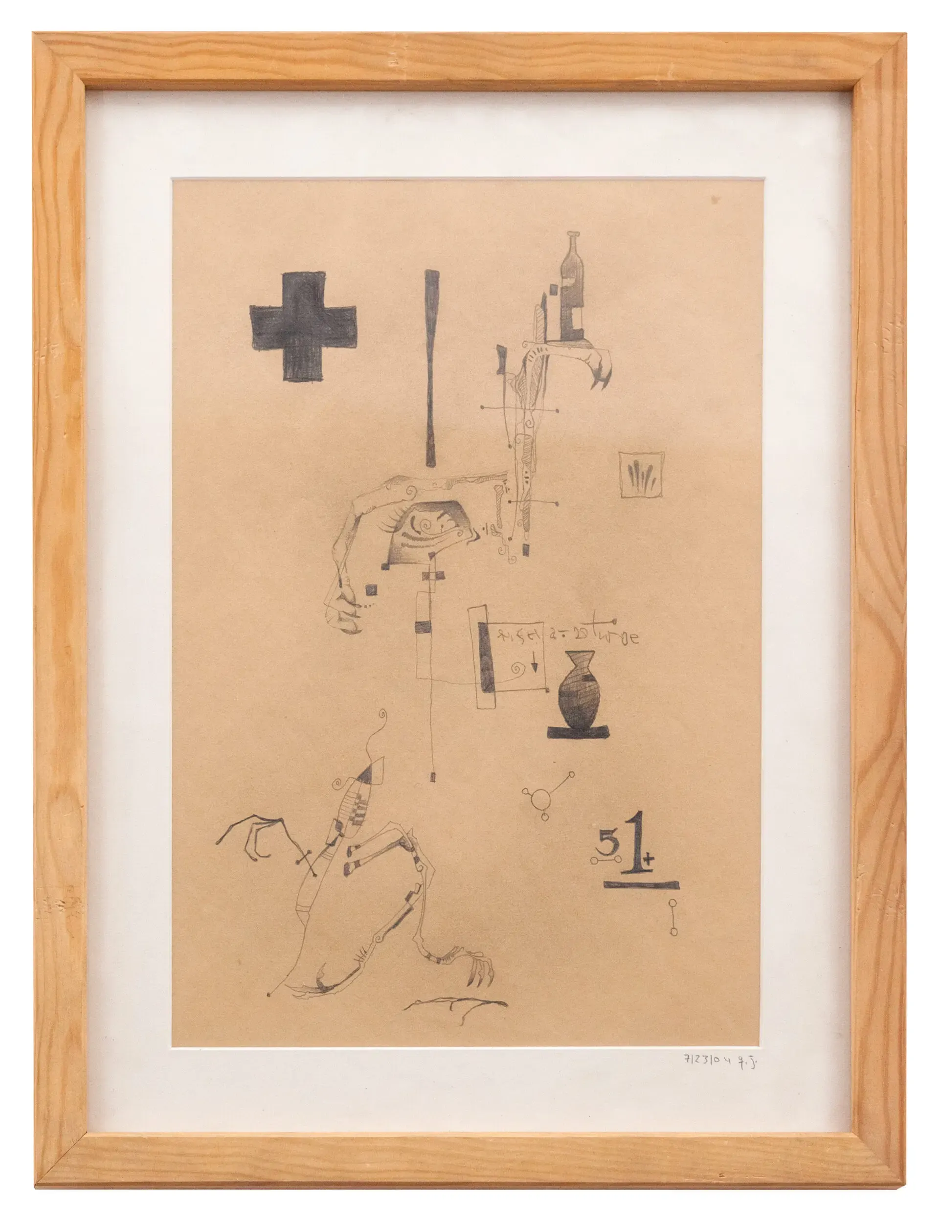 Gerahmte Illustration mit Kreuz- und Figurensymbolen auf beigem Grund
