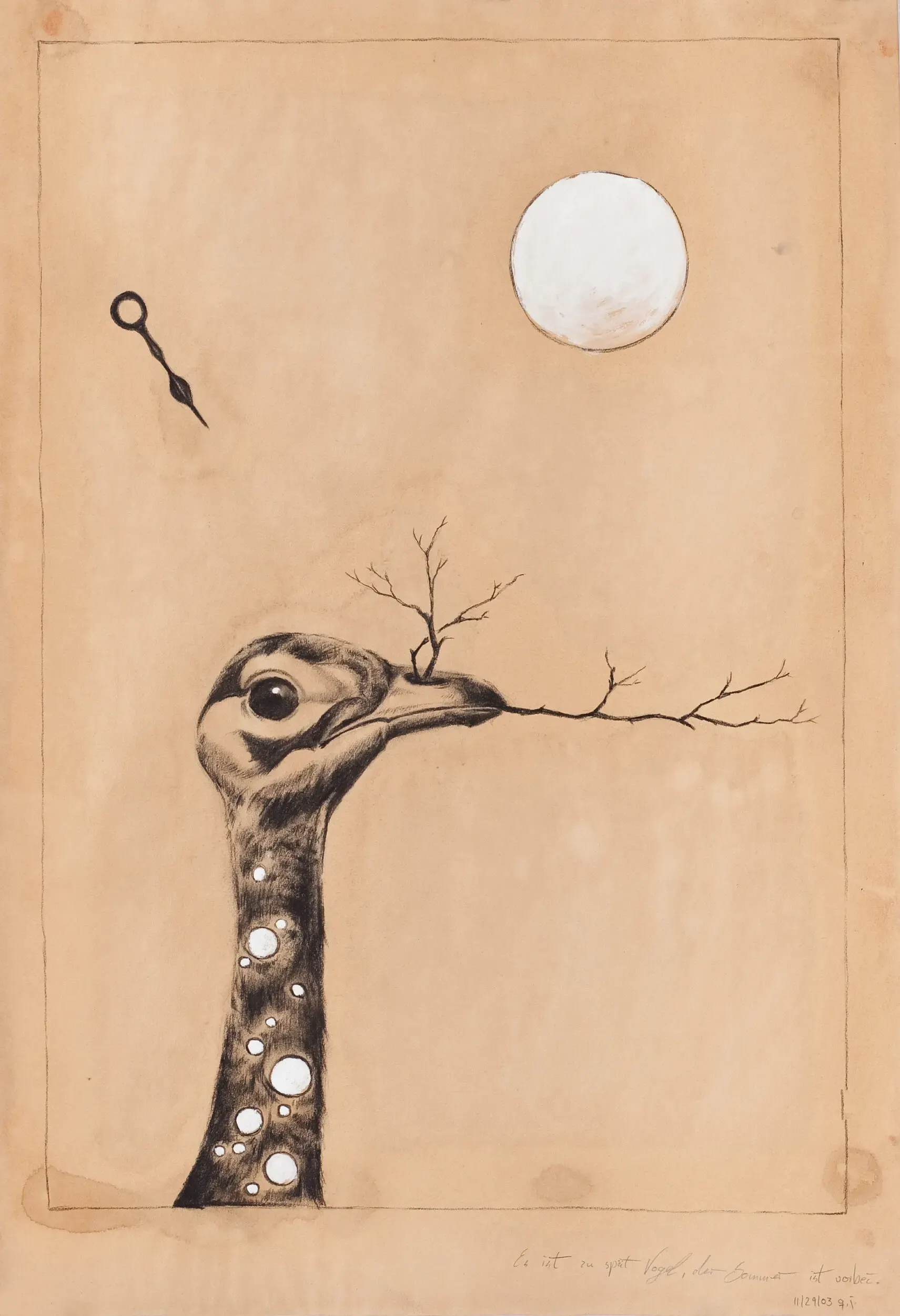 Sepiafarbene Illustration eines gepunkteten Vogelhalses mit Mond und Schlüssel