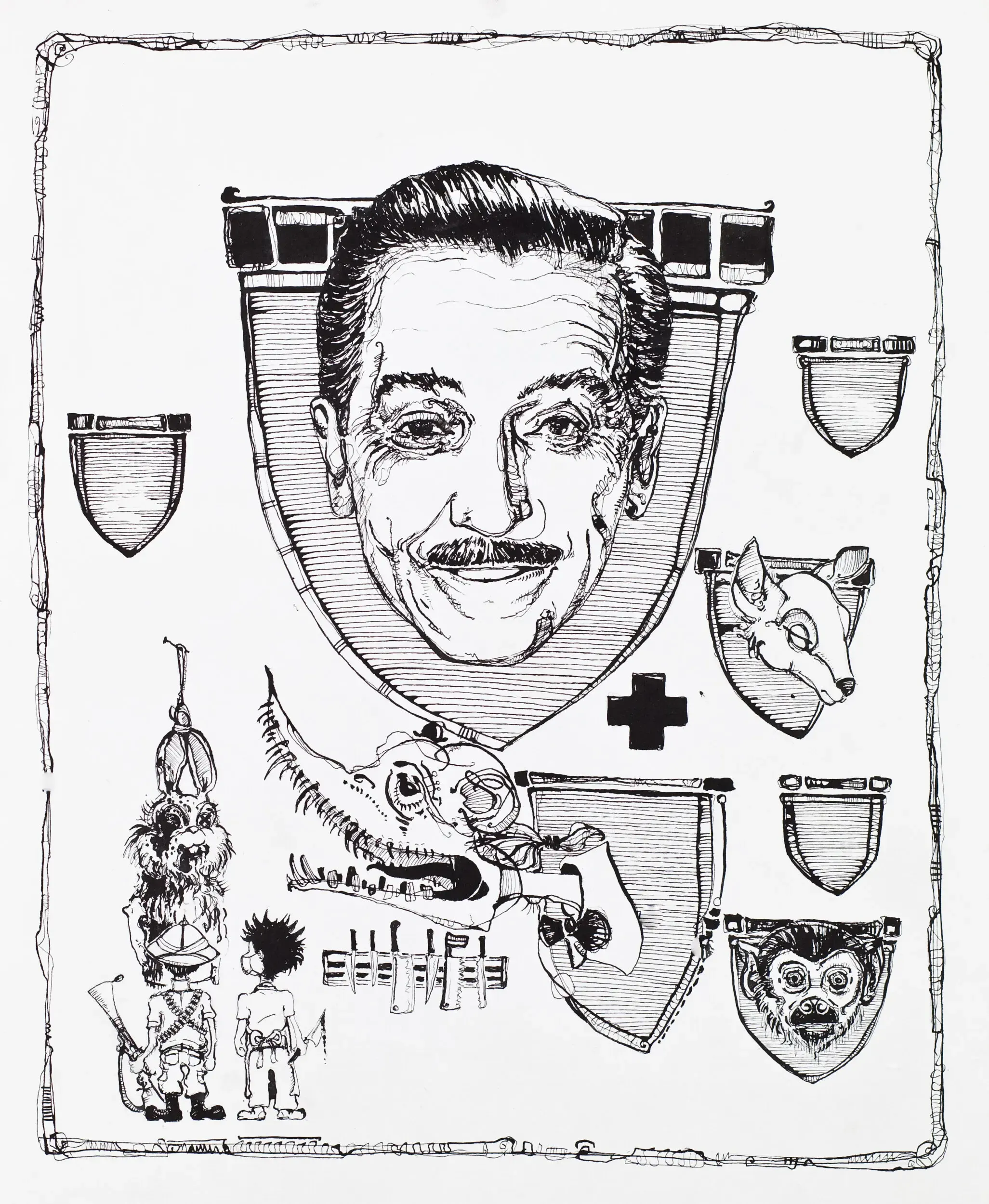 Schwarzweiße Illustration eines Wappens mit Fabelwesen