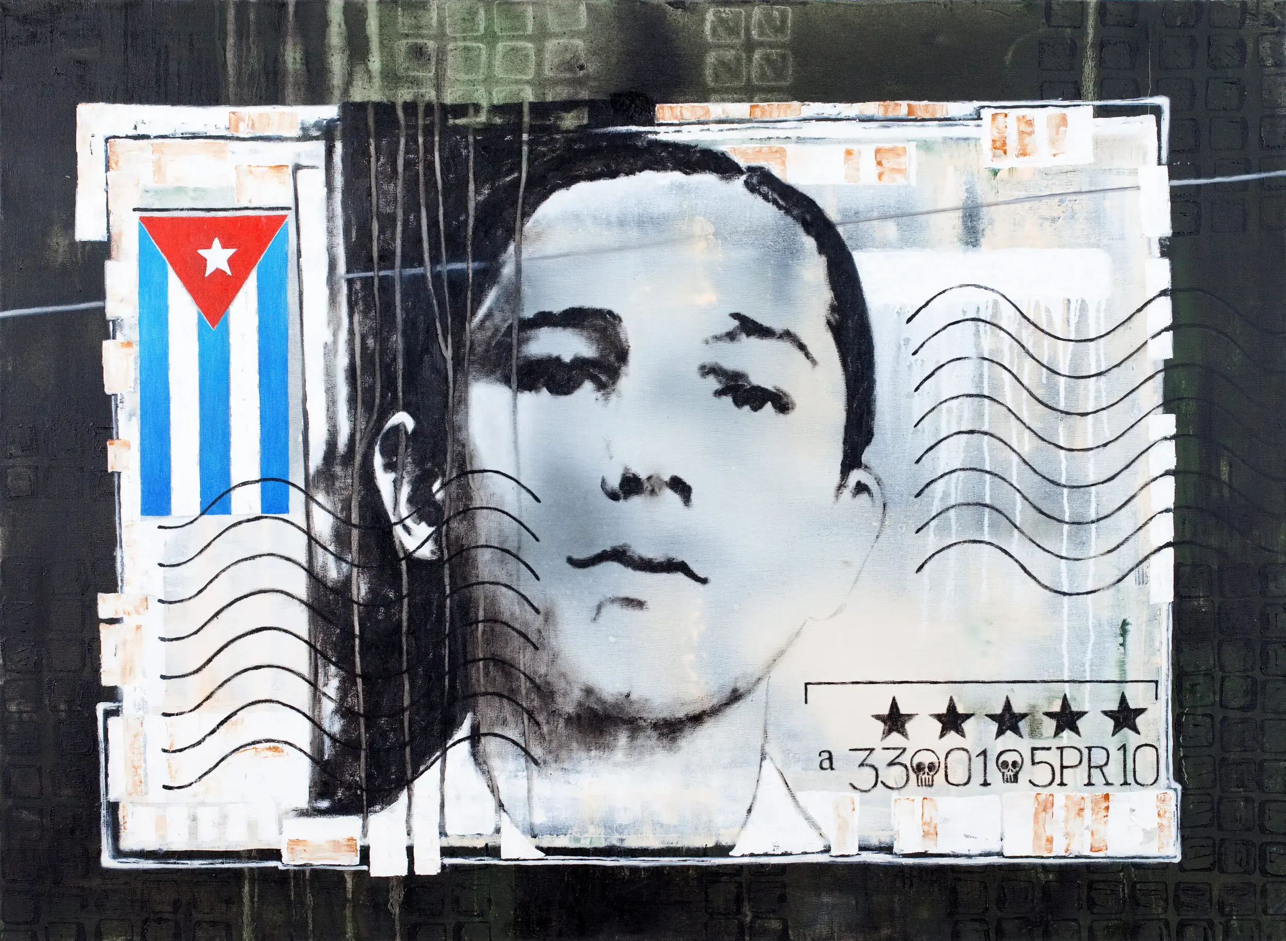 Mixed-Media-Collage mit Porträt und kubanischer Flagge auf Briefumschlag