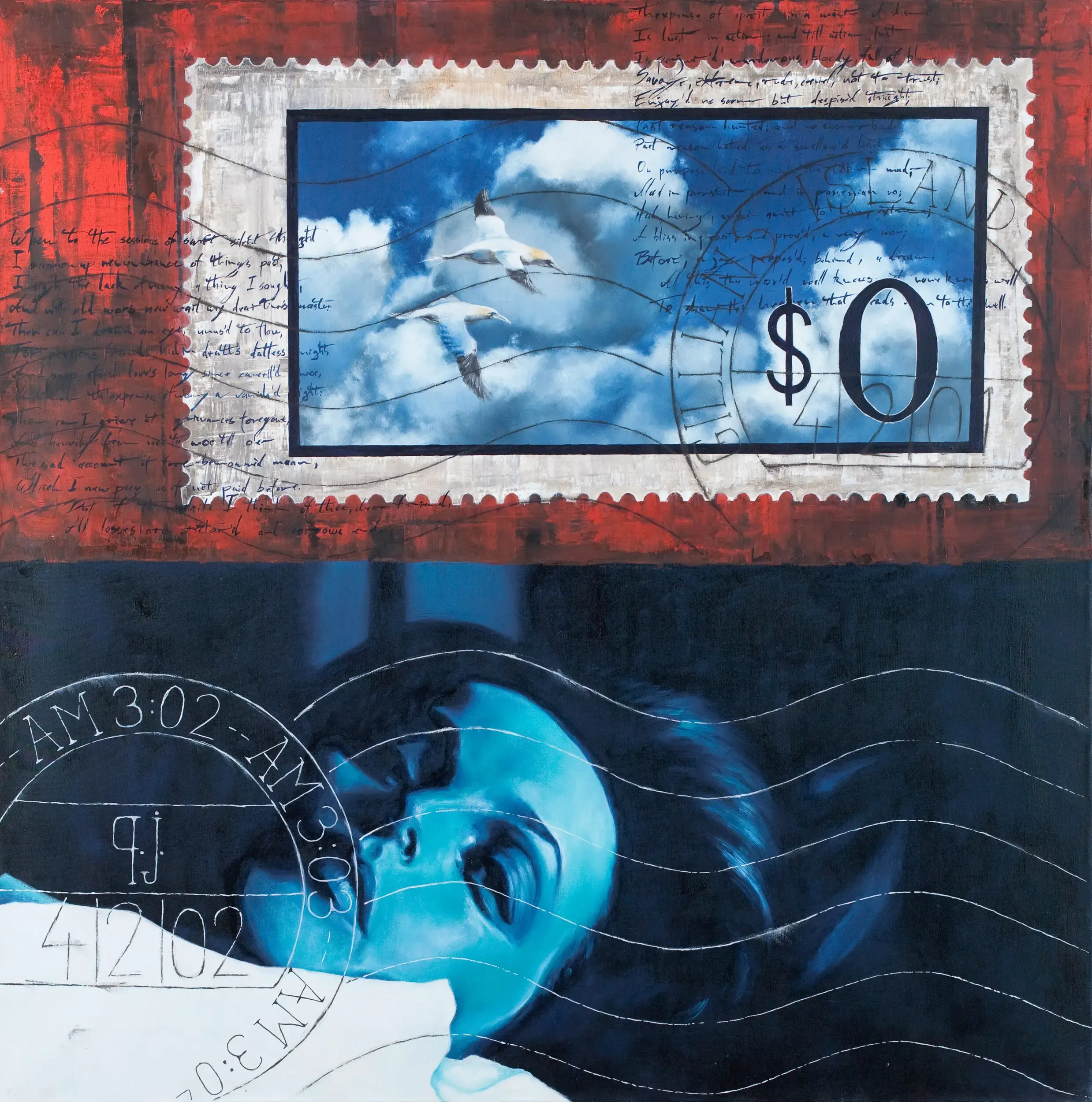 Collage mit schlafender Frau in Blautönen und Briefmarkenmotiv