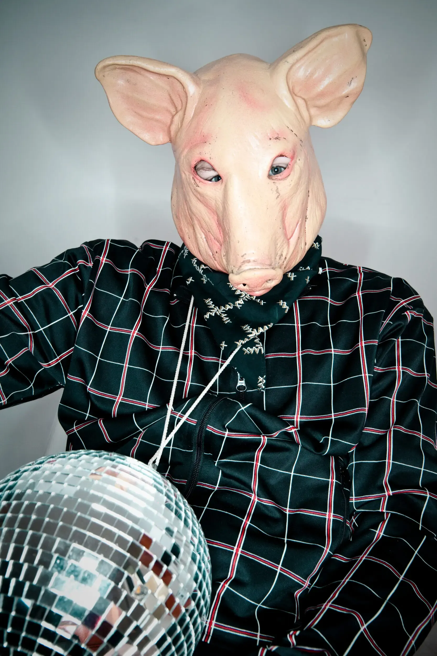 Person mit Schweinemaske hält eine Diskokugel