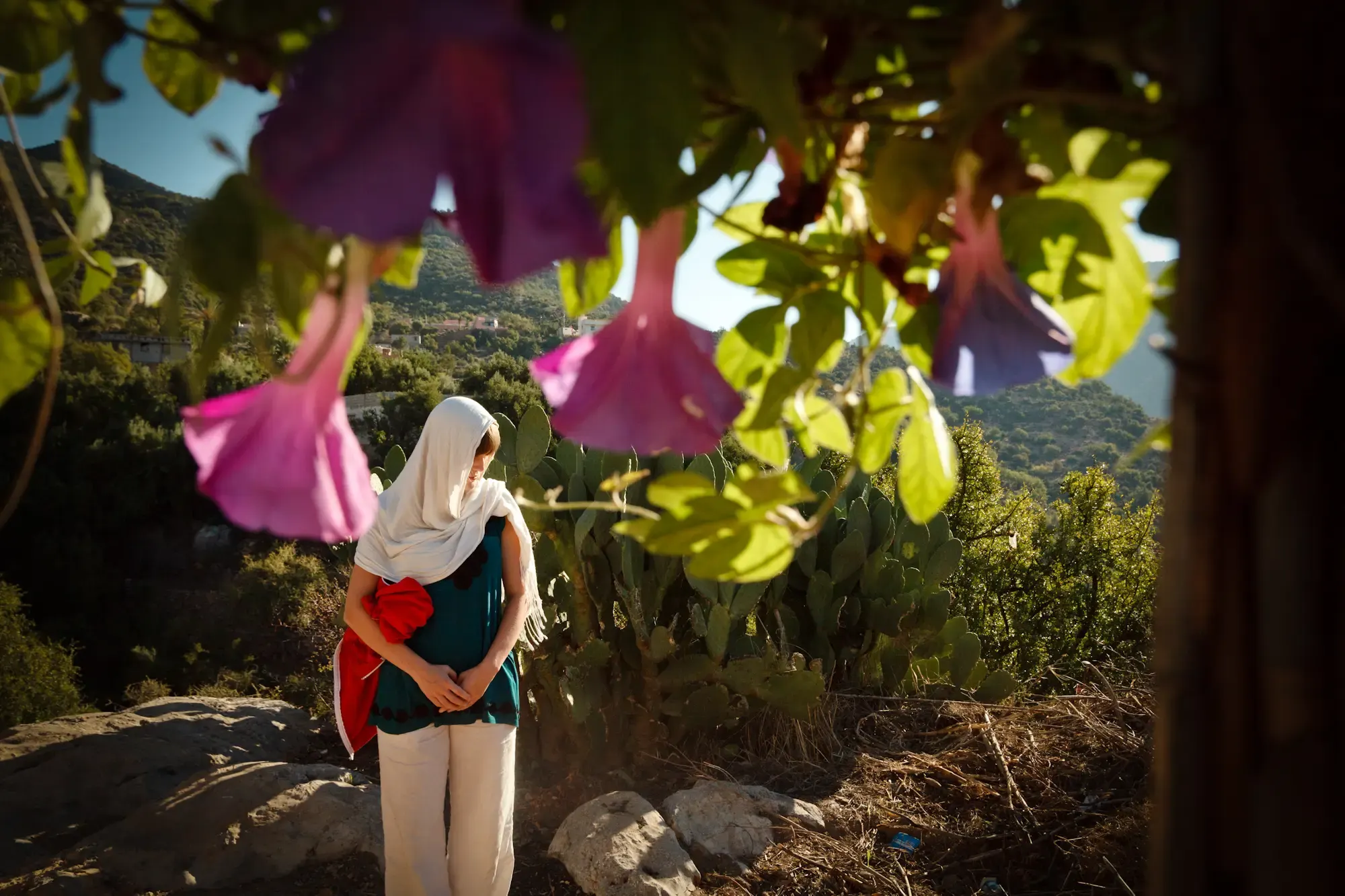 Frau mit Kopftuch unter einem blühenden Baum, Morocco Experience
