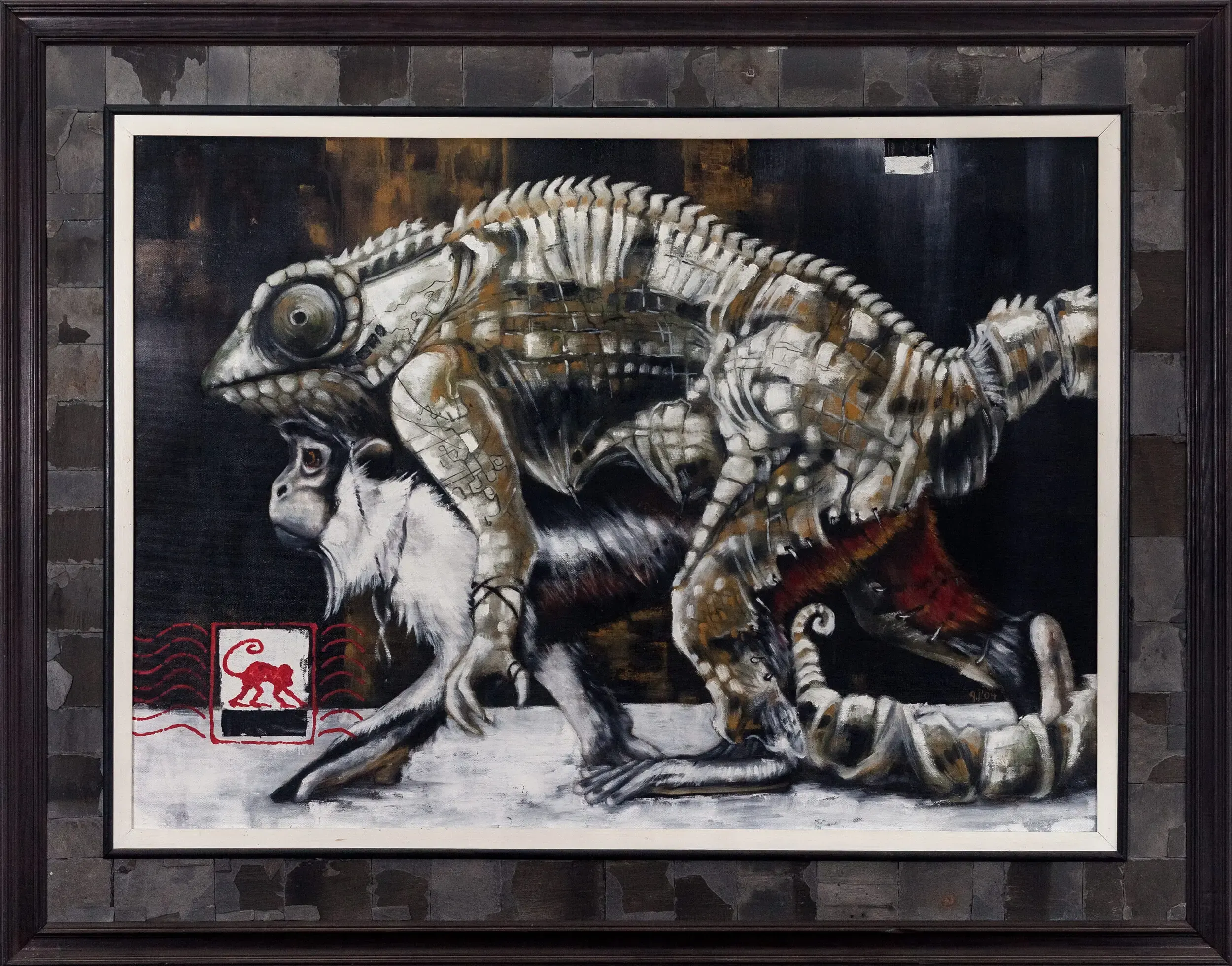 Gerahmtes Mixed-Media-Objekt mit Chamäleon-Skelett-Motiv