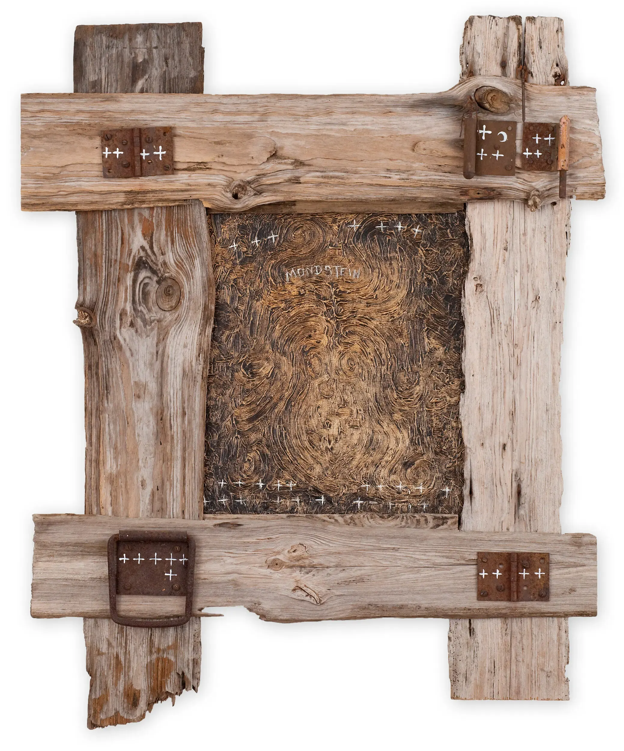 Wandobjekt aus Holzrahmen mit Metallbeschlägen