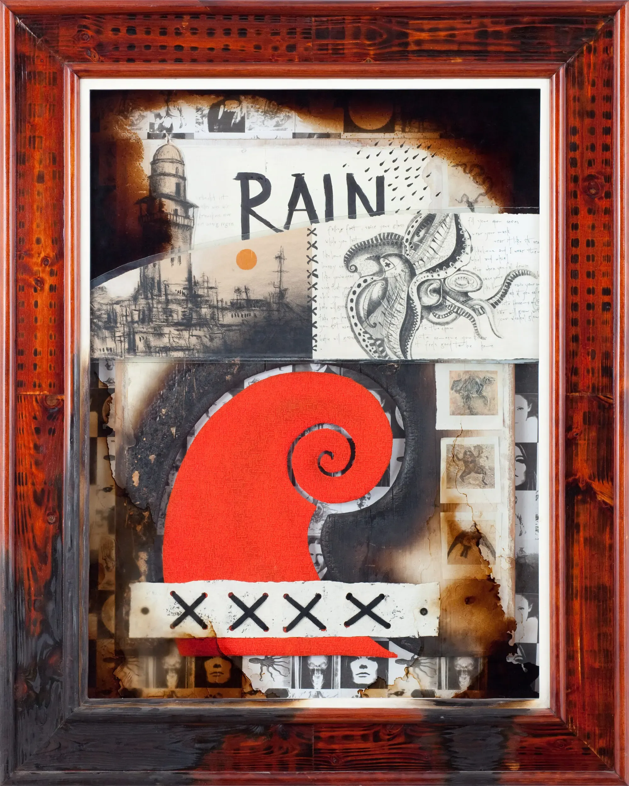 Objektcollage mit Schriftzug Rain und roter Spirale