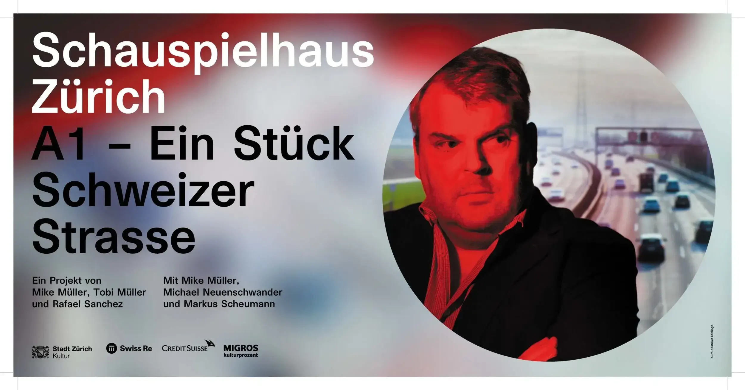 Wide-format window banner for 'A1 – Ein Stück Schweizer Strasse' at Schauspielhaus Zürich, featuring a red-tinted portrait over a motorway.