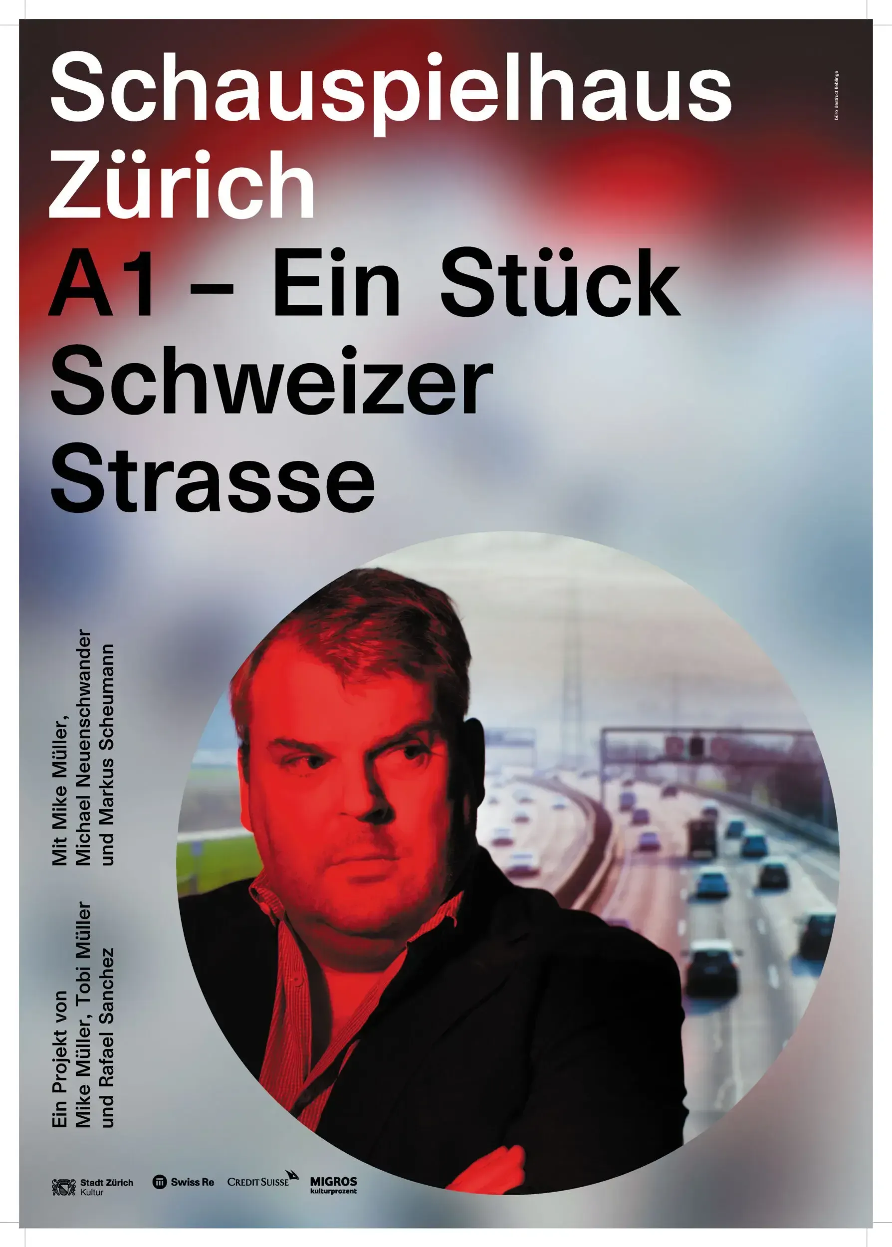 Theatre poster for 'A1 – Ein Stück Schweizer Strasse' at Schauspielhaus Zürich, featuring a red-tinted portrait over a motorway.