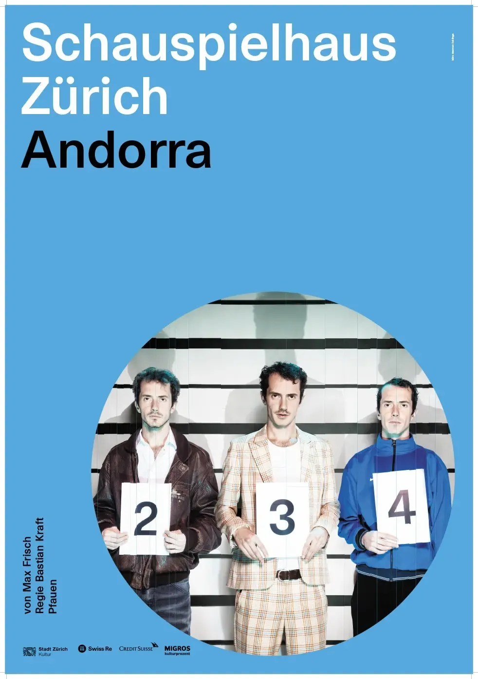 Theaterplakat „Andorra“ des Schauspielhaus Zürich mit drei nummerierten Darstellern